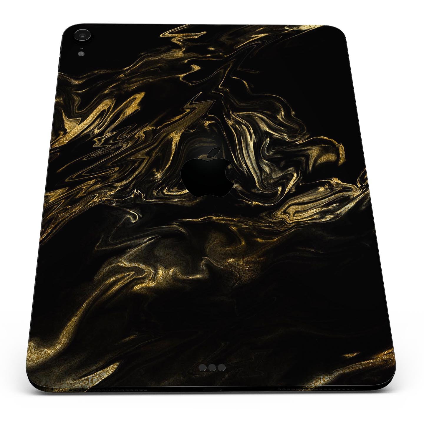 Black and gold marble swirl skin decal for Apple iPad, showcasing a stylish design with premium finish.