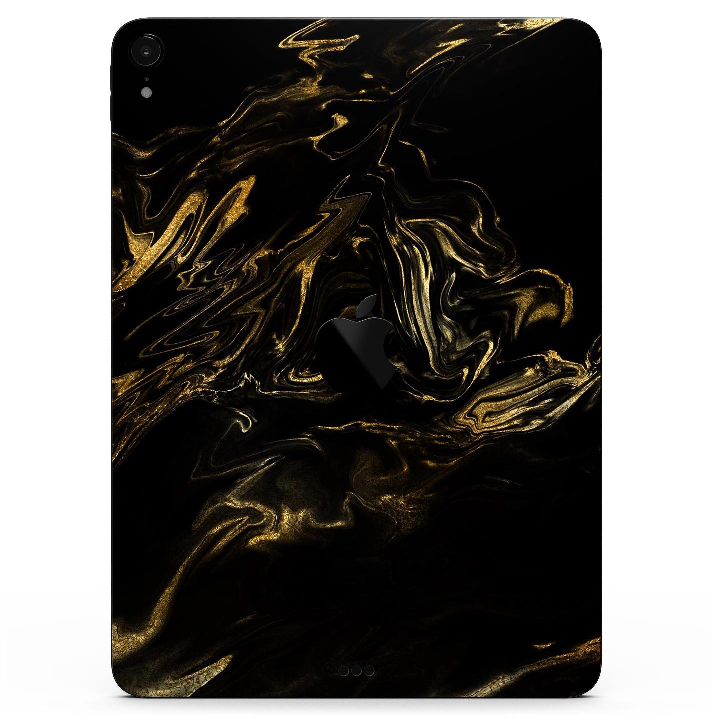 Black and gold marble swirl skin decal for Apple iPad, showcasing a stylish design with premium finish.