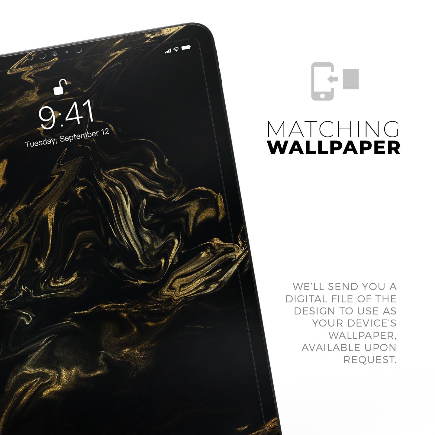 Black and gold marble swirl skin decal for Apple iPad, showcasing a stylish design with premium finish.