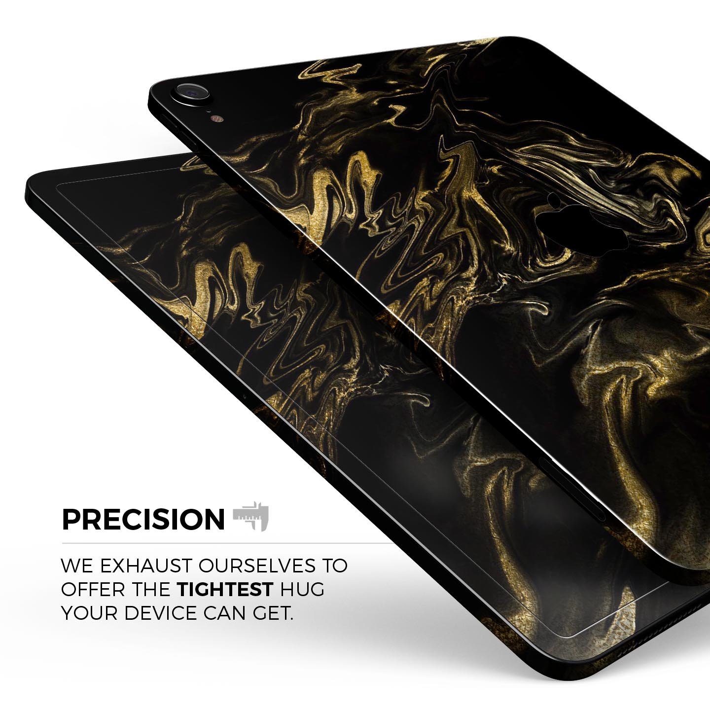 Black and gold marble swirl skin decal for Apple iPad, showcasing a stylish design with premium finish.