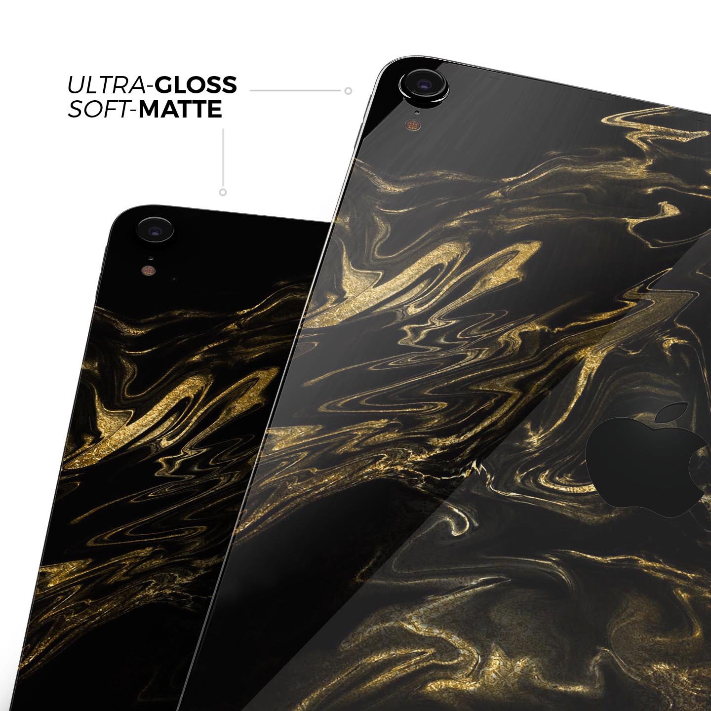 Black and gold marble swirl skin decal for Apple iPad, showcasing a stylish design with premium finish.
