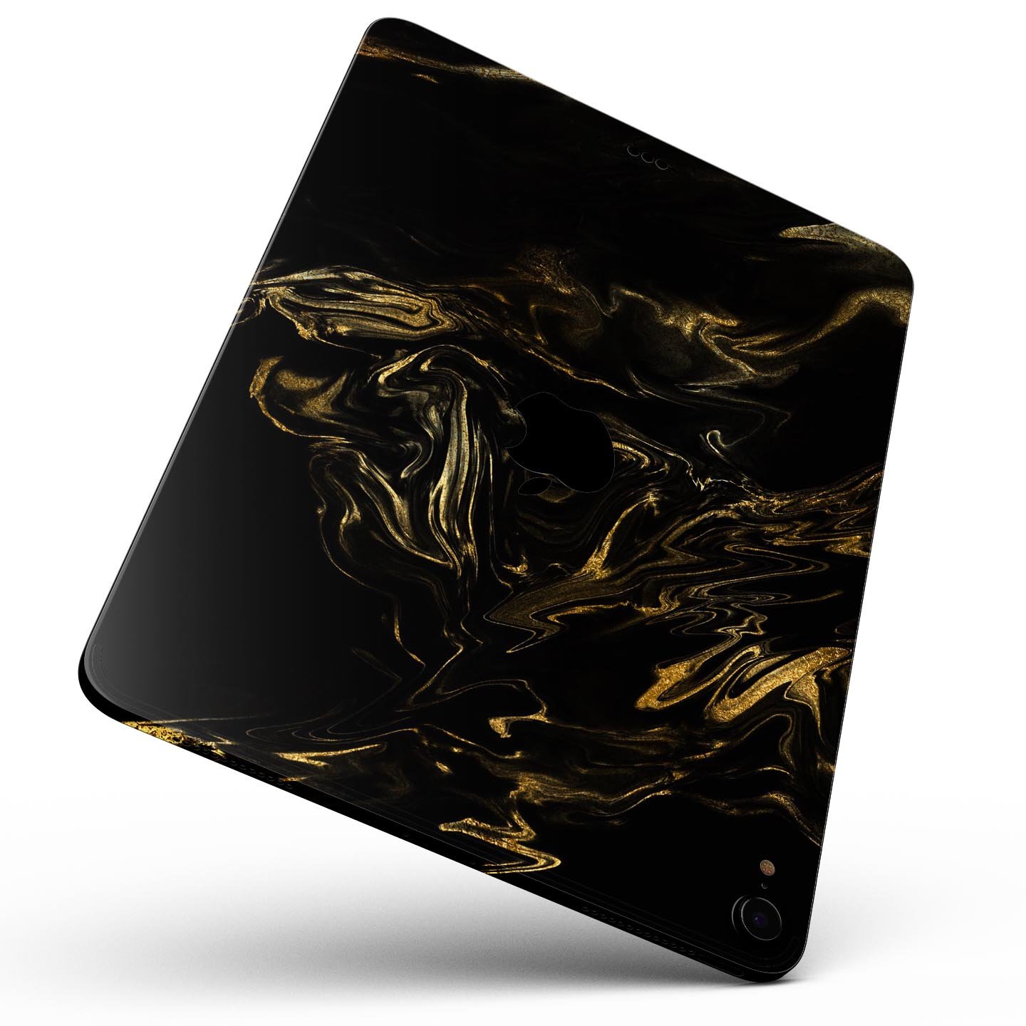 Black and gold marble swirl skin decal for Apple iPad, showcasing a stylish design with premium finish.