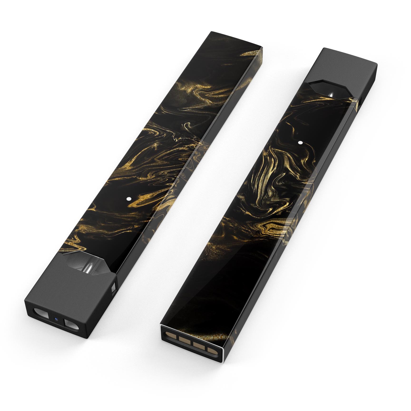 Black and gold marble swirl skin wrap for JUUL vaping device, showcasing a stylish design with a glossy finish.