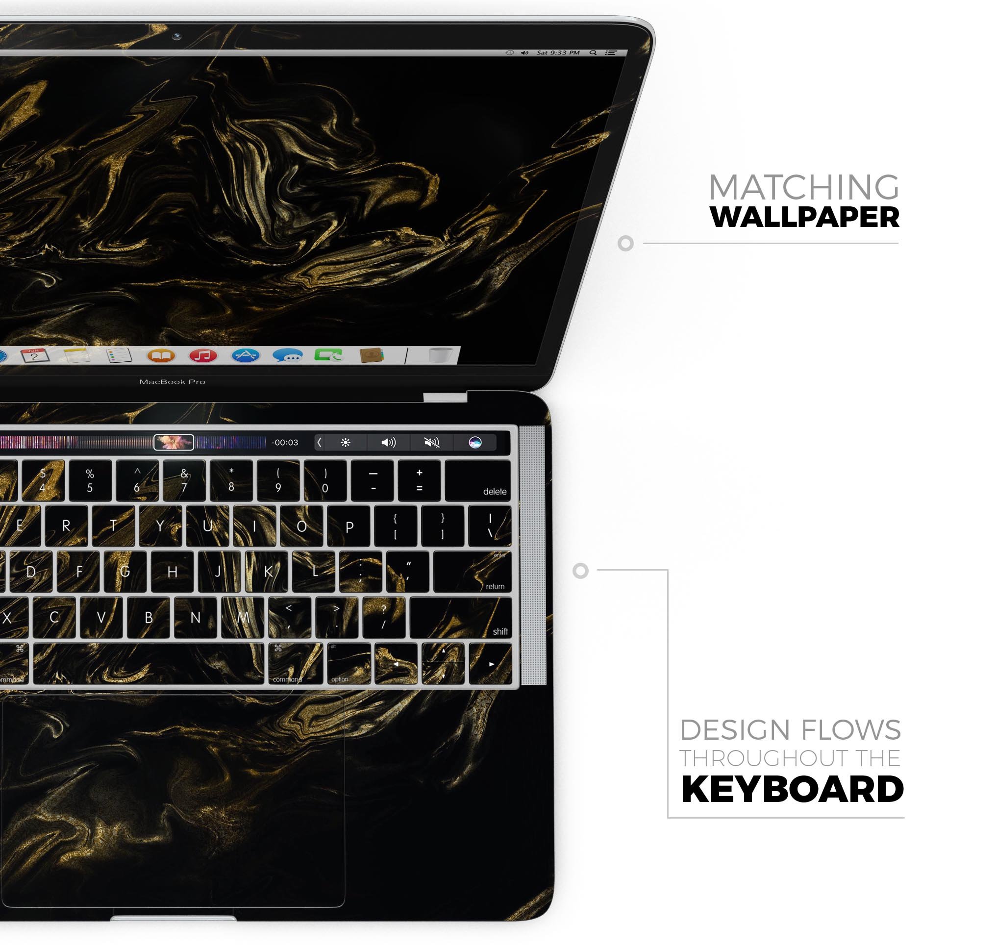 Black & Gold Marble Swirl V4 skin decal wrap kit for MacBook, showcasing a stylish marble design with a glossy finish.