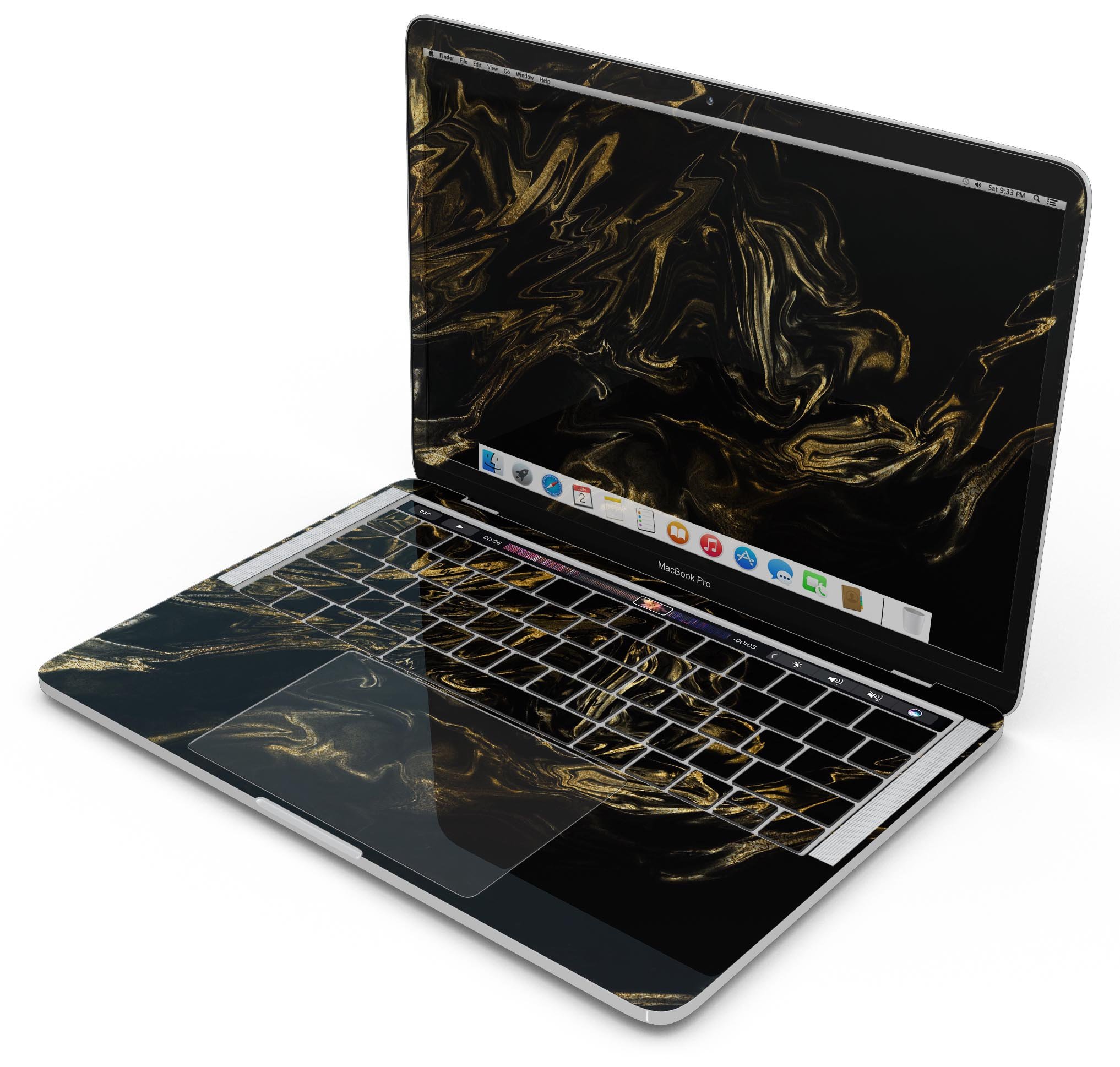 Black & Gold Marble Swirl V4 skin decal wrap kit for MacBook, showcasing a stylish marble design with a glossy finish.