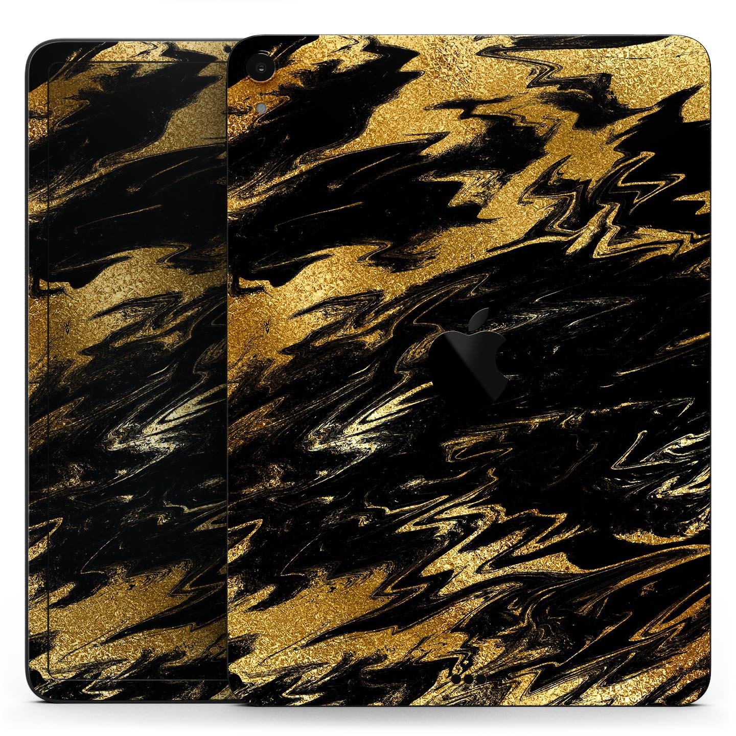 Black and gold marble swirl skin decal for Apple iPad, showcasing elegant design and premium finish.