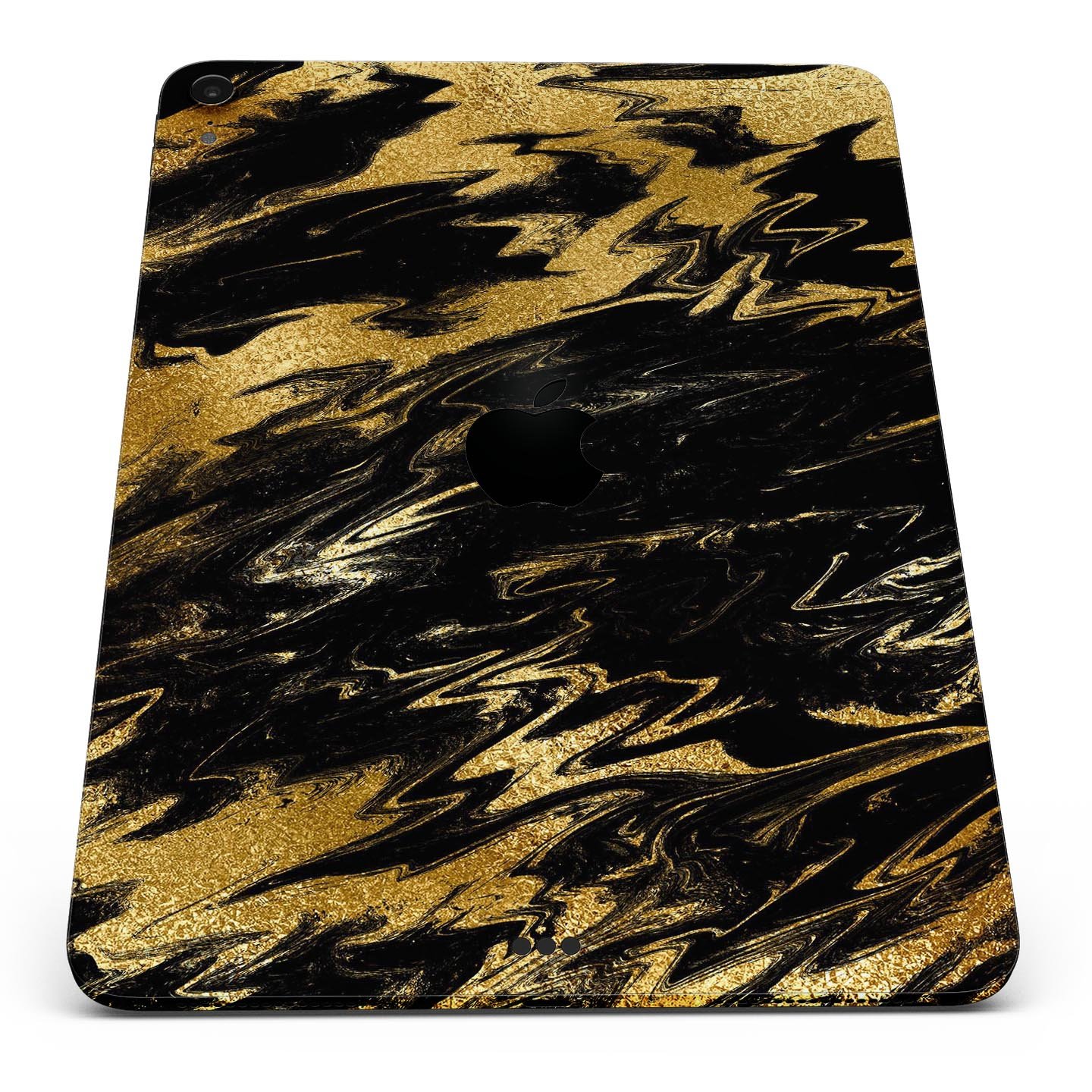 Black and gold marble swirl skin decal for Apple iPad, showcasing elegant design and premium finish.