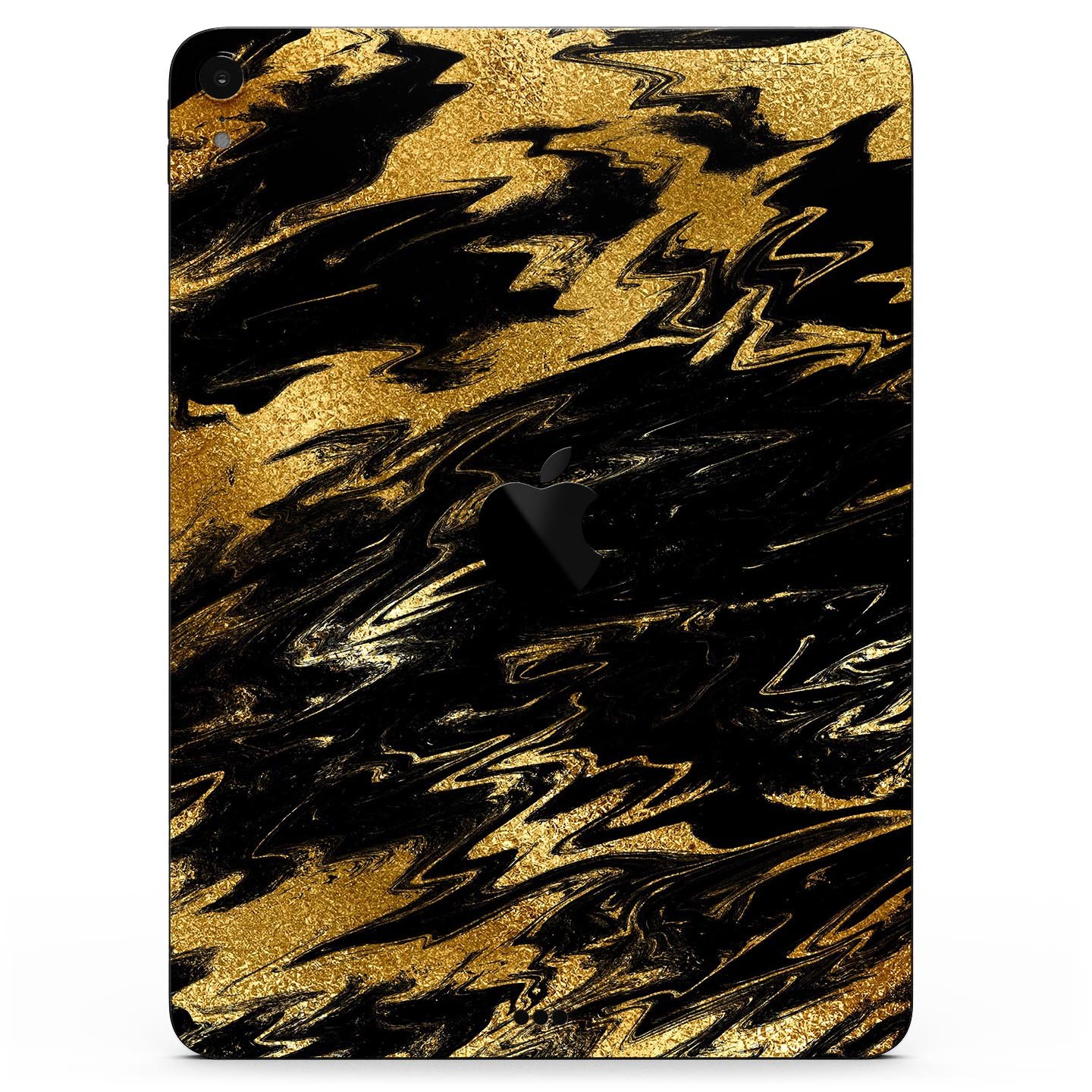 Black and gold marble swirl skin decal for Apple iPad, showcasing elegant design and premium finish.
