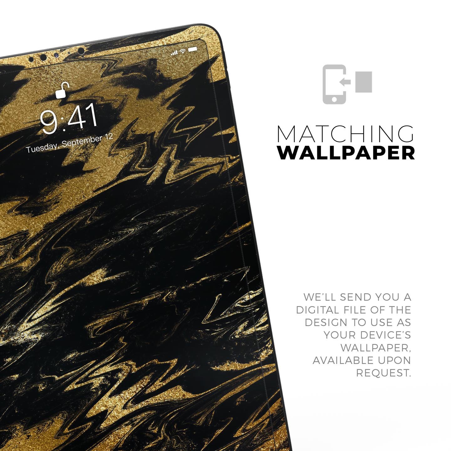 Black and gold marble swirl skin decal for Apple iPad, showcasing elegant design and premium finish.
