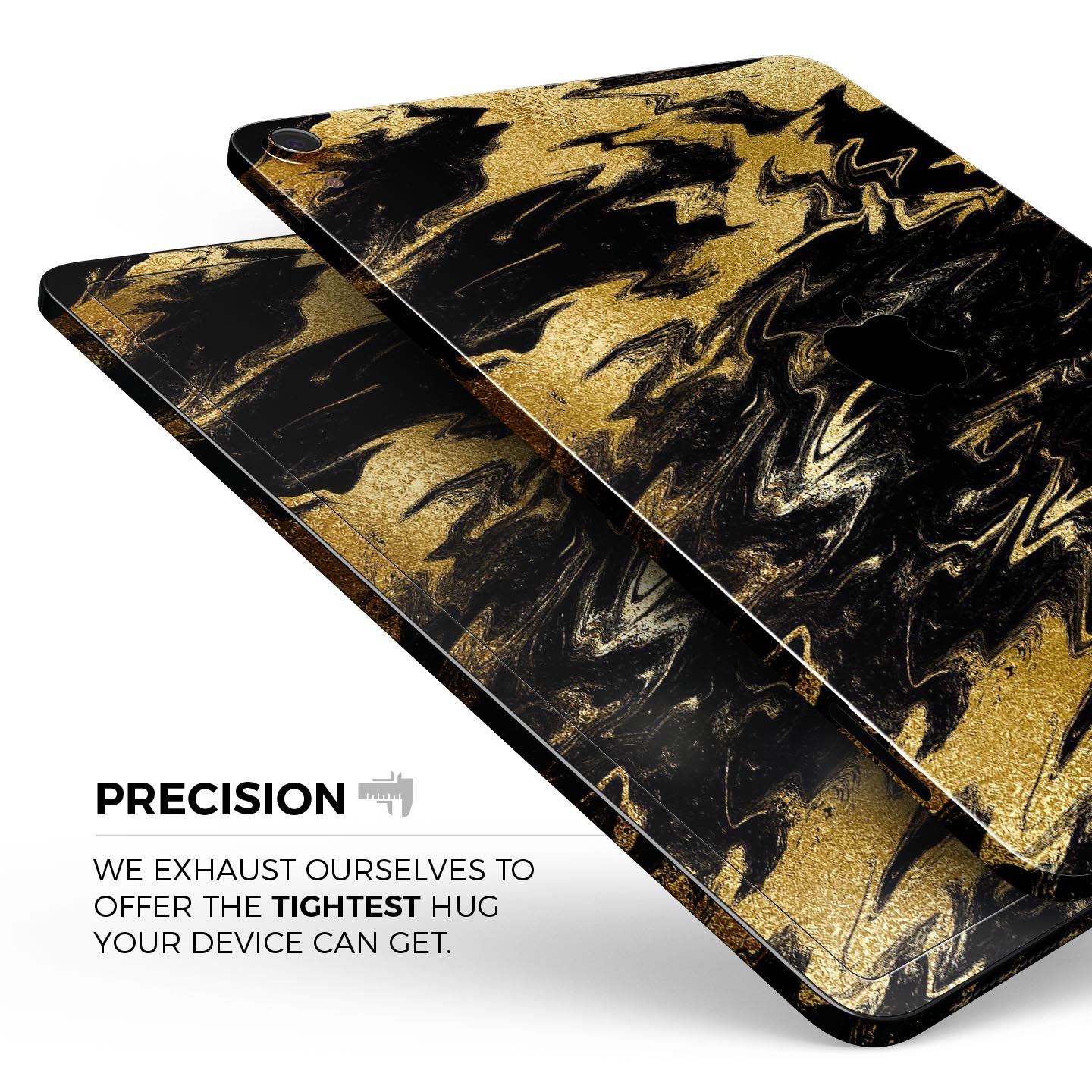 Black and gold marble swirl skin decal for Apple iPad, showcasing elegant design and premium finish.