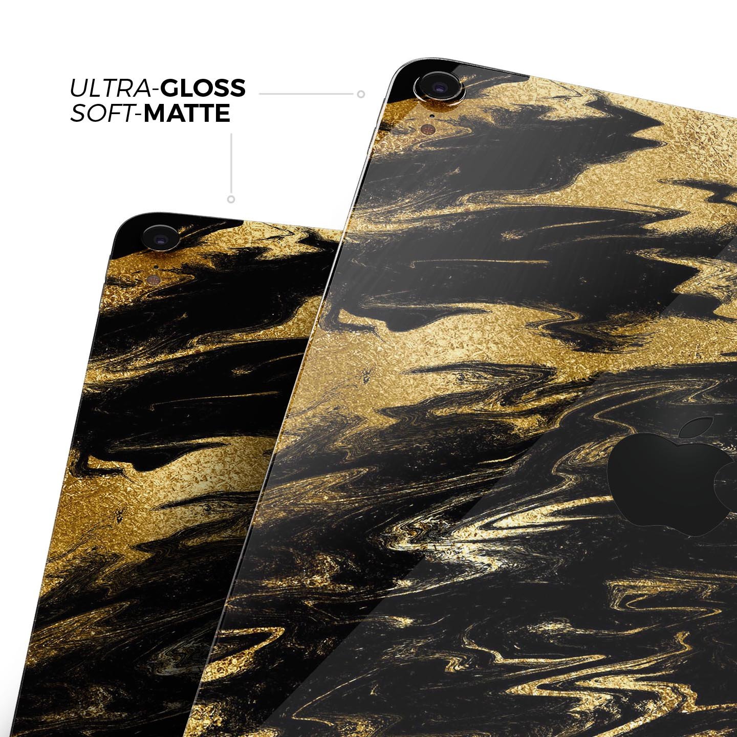 Black and gold marble swirl skin decal for Apple iPad, showcasing elegant design and premium finish.