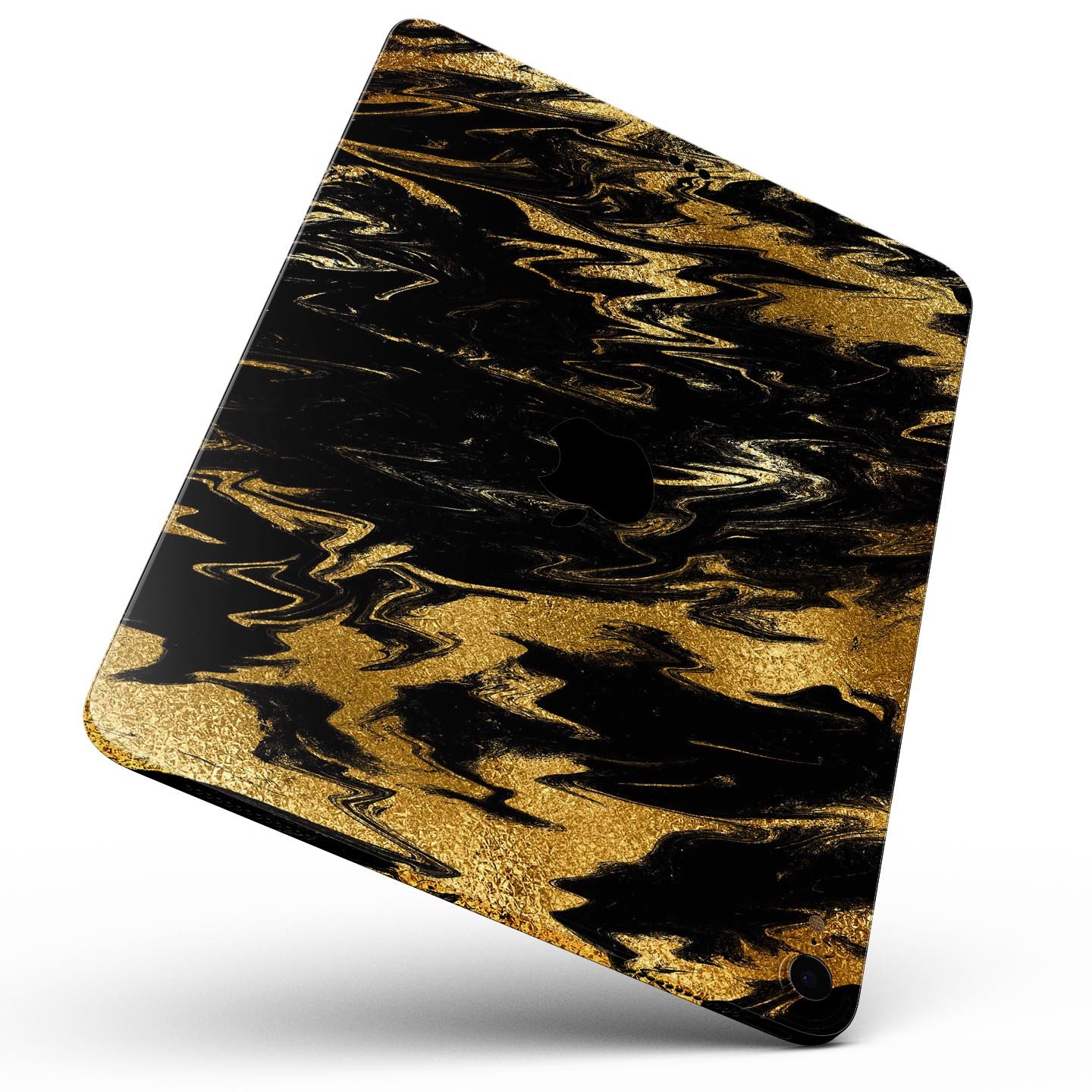 Black and gold marble swirl skin decal for Apple iPad, showcasing elegant design and premium finish.