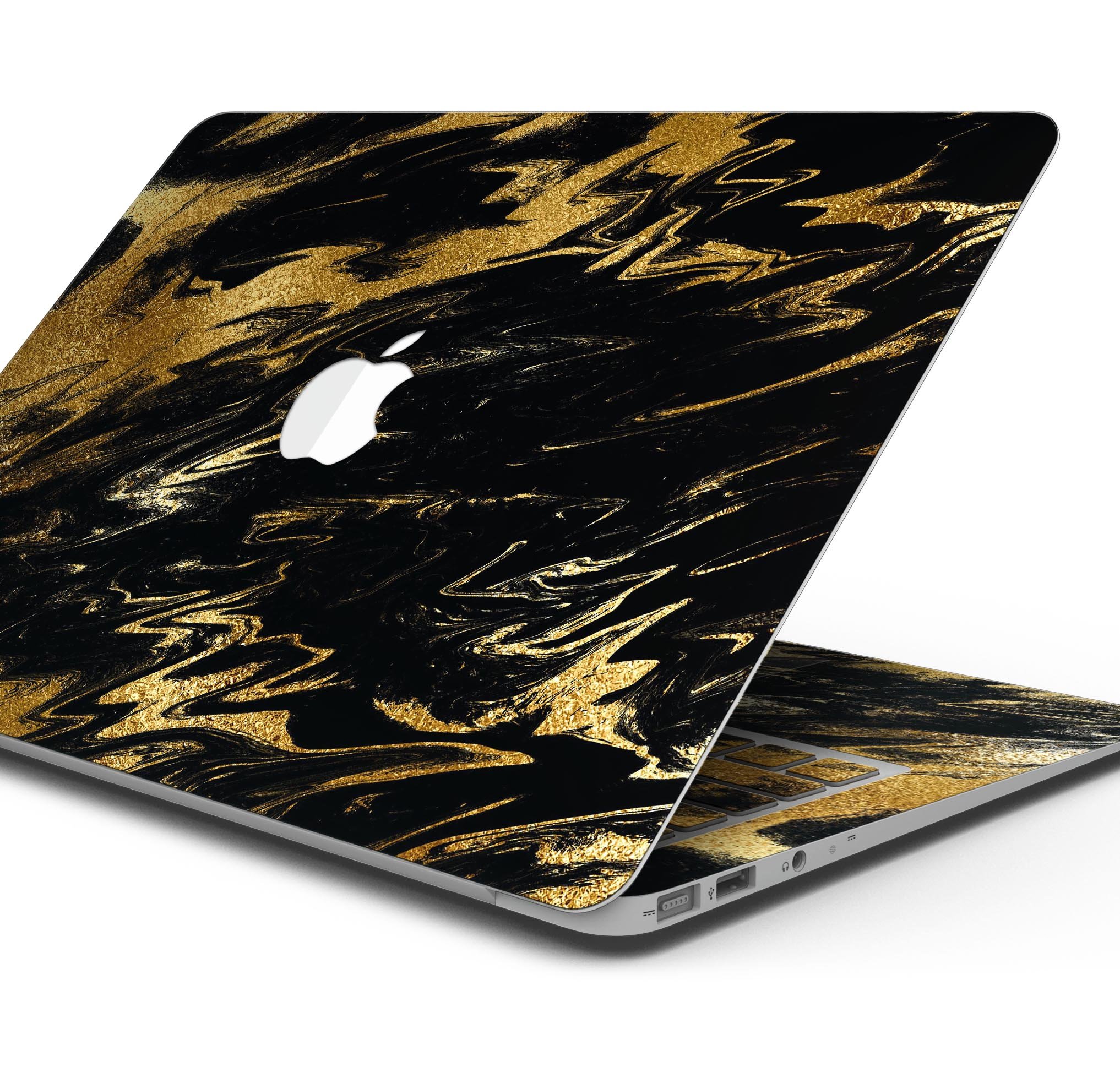 Black & Gold Marble Swirl V5 skin decal wrap kit for MacBook, showcasing a stylish marble design with a glossy finish.