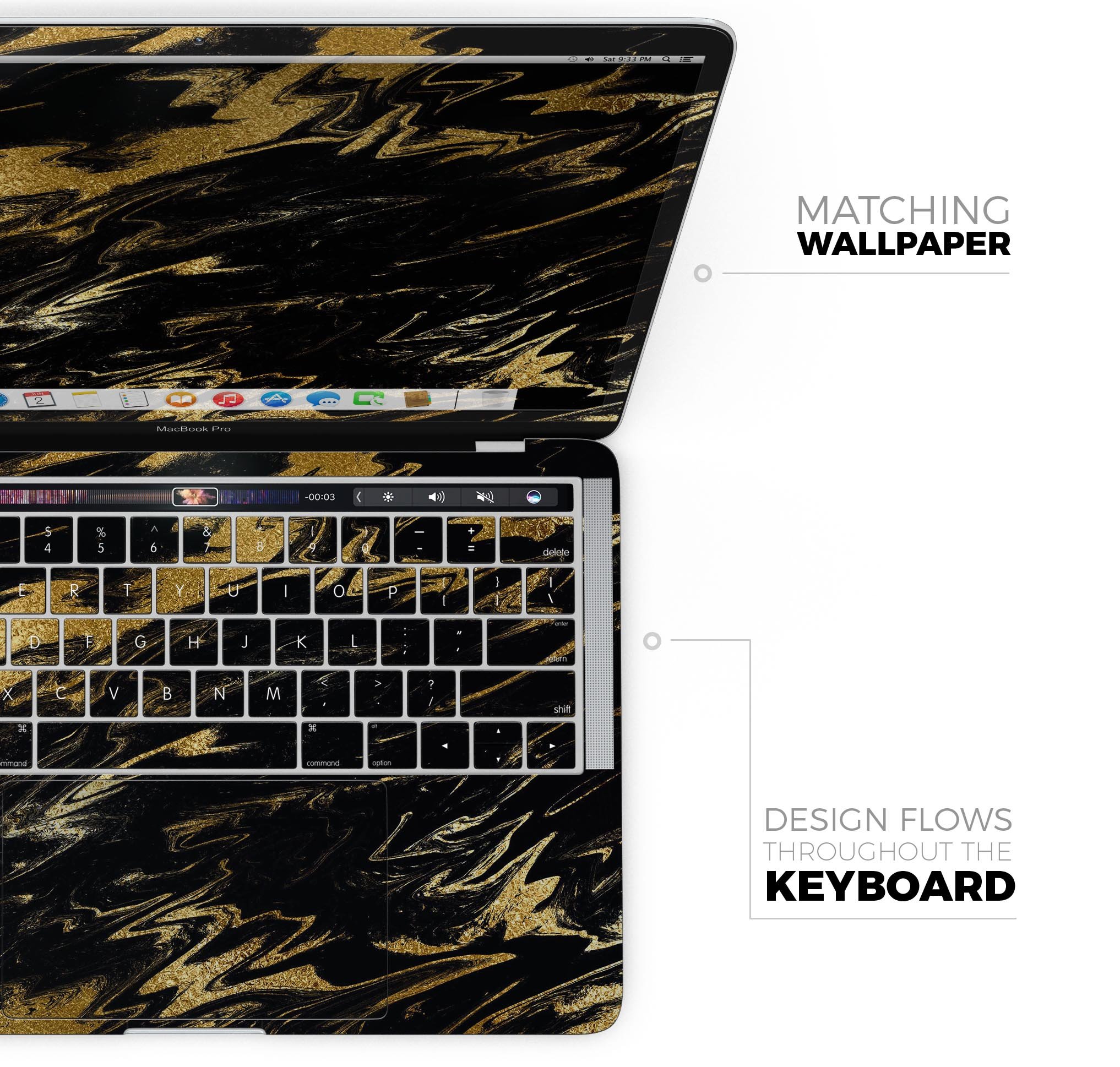 Black & Gold Marble Swirl V5 skin decal wrap kit for MacBook, showcasing a stylish marble design with a glossy finish.