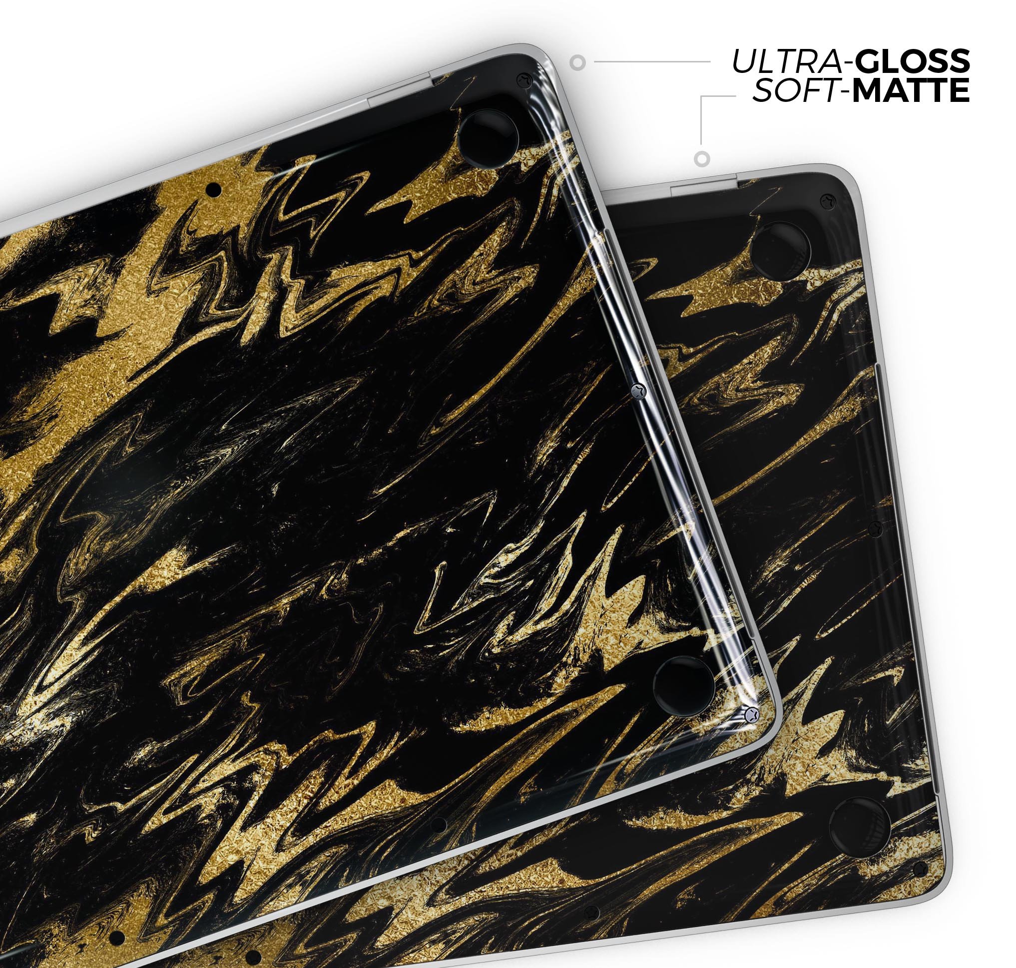 Black & Gold Marble Swirl V5 skin decal wrap kit for MacBook, showcasing a stylish marble design with a glossy finish.