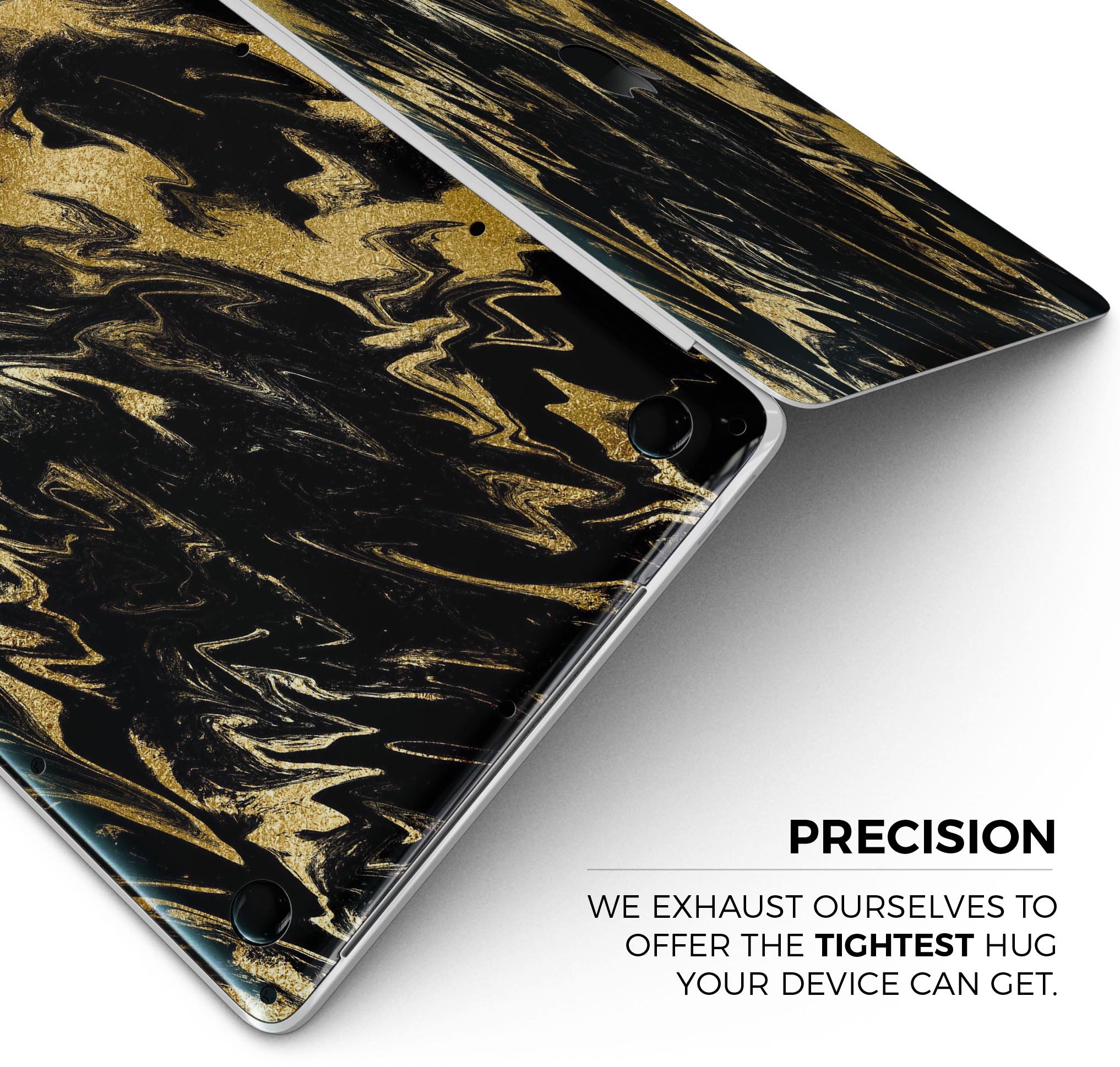 Black & Gold Marble Swirl V5 skin decal wrap kit for MacBook, showcasing a stylish marble design with a glossy finish.