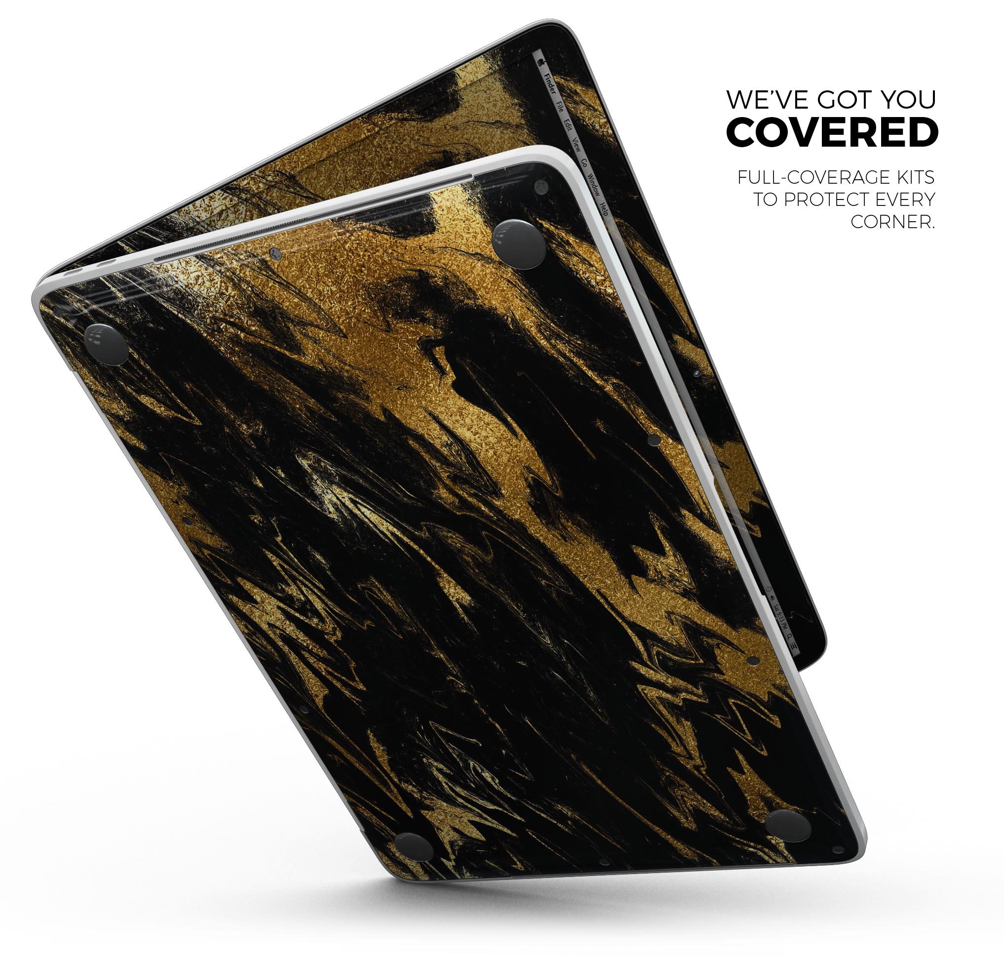 Black & Gold Marble Swirl V5 skin decal wrap kit for MacBook, showcasing a stylish marble design with a glossy finish.