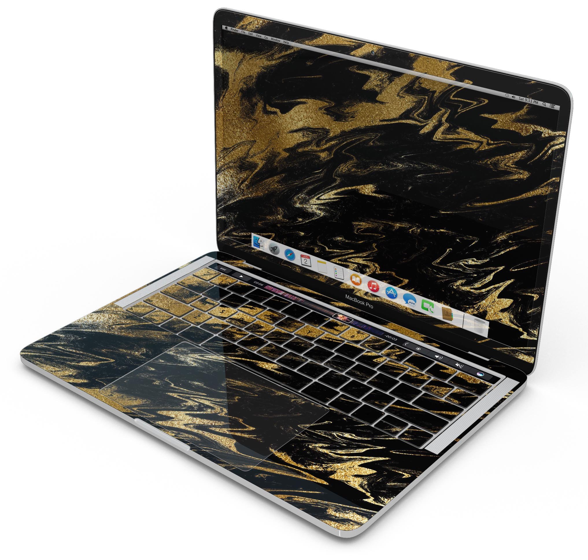 Black & Gold Marble Swirl V5 skin decal wrap kit for MacBook, showcasing a stylish marble design with a glossy finish.