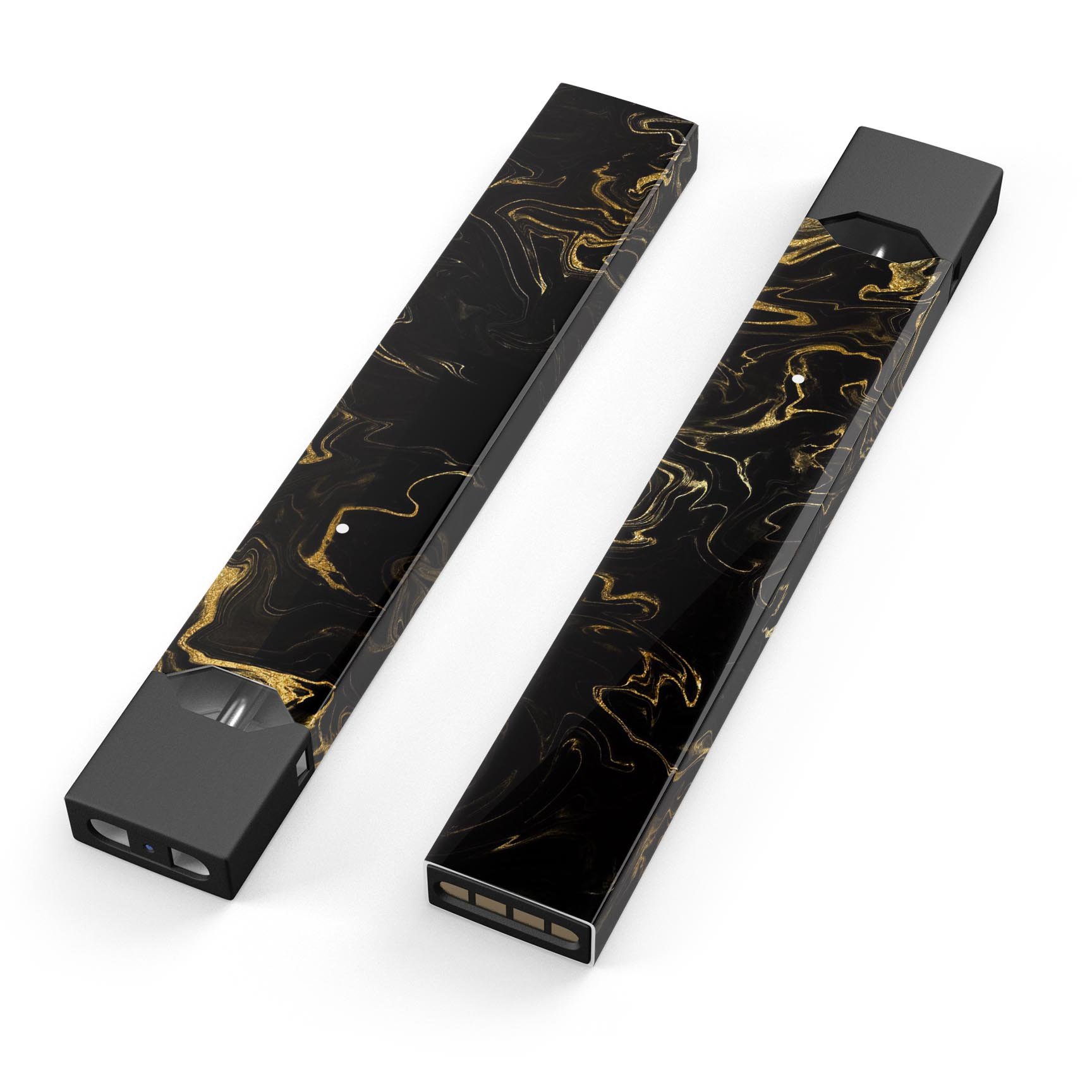 Black and gold marble swirl skin wrap for JUUL vaping device, showcasing a stylish and protective design.