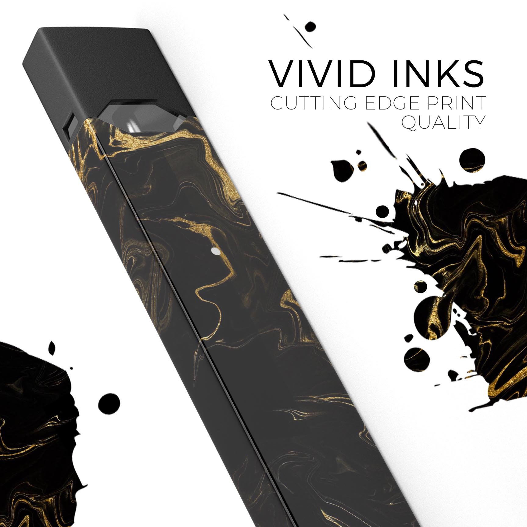 Black and gold marble swirl skin wrap for JUUL vaping device, showcasing a stylish and protective design.