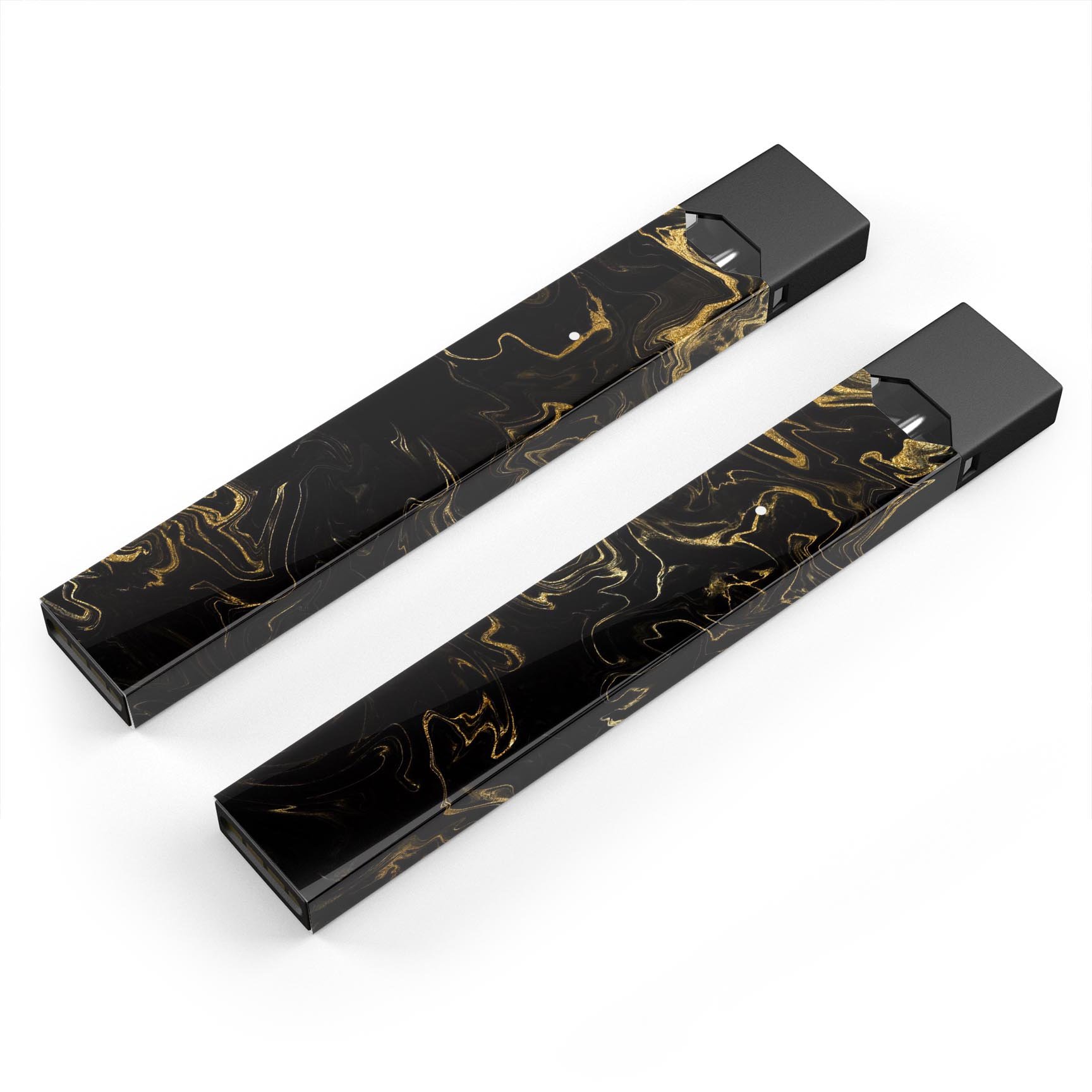 Black and gold marble swirl skin wrap for JUUL vaping device, showcasing a stylish and protective design.