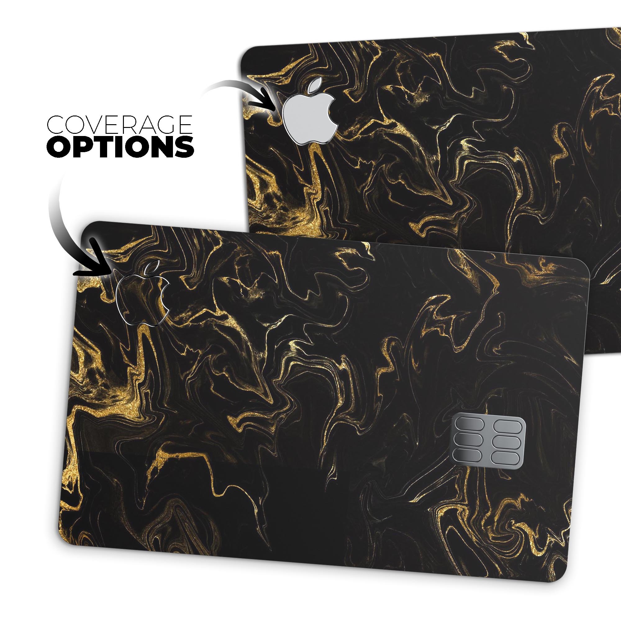 Black & Gold Marble Swirl V6 decal skin for Apple Card, showcasing a stylish marble design with premium vinyl finish.