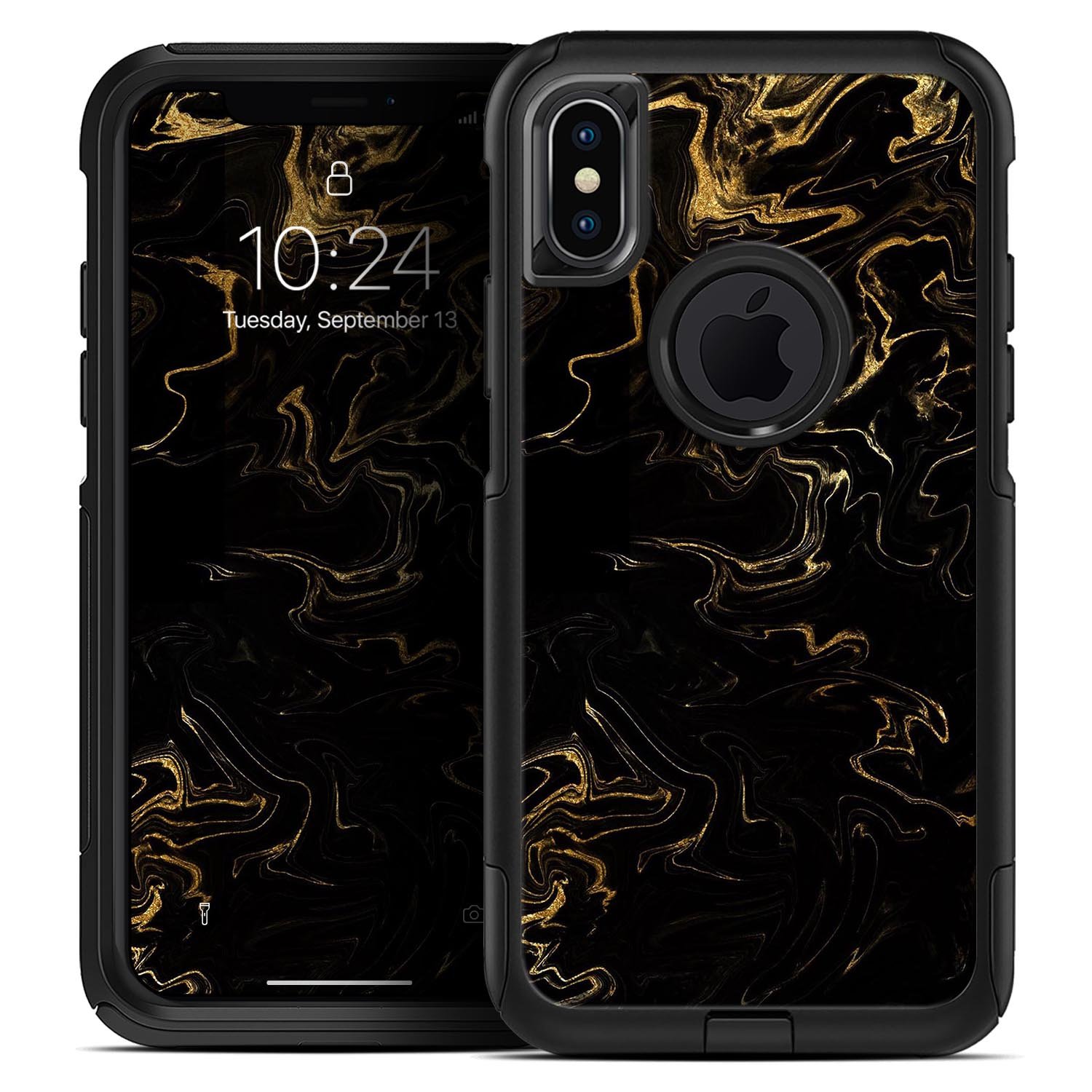 Black and gold marble swirl skin kit for iPhone OtterBox cases, showcasing a stylish design with a glossy finish.