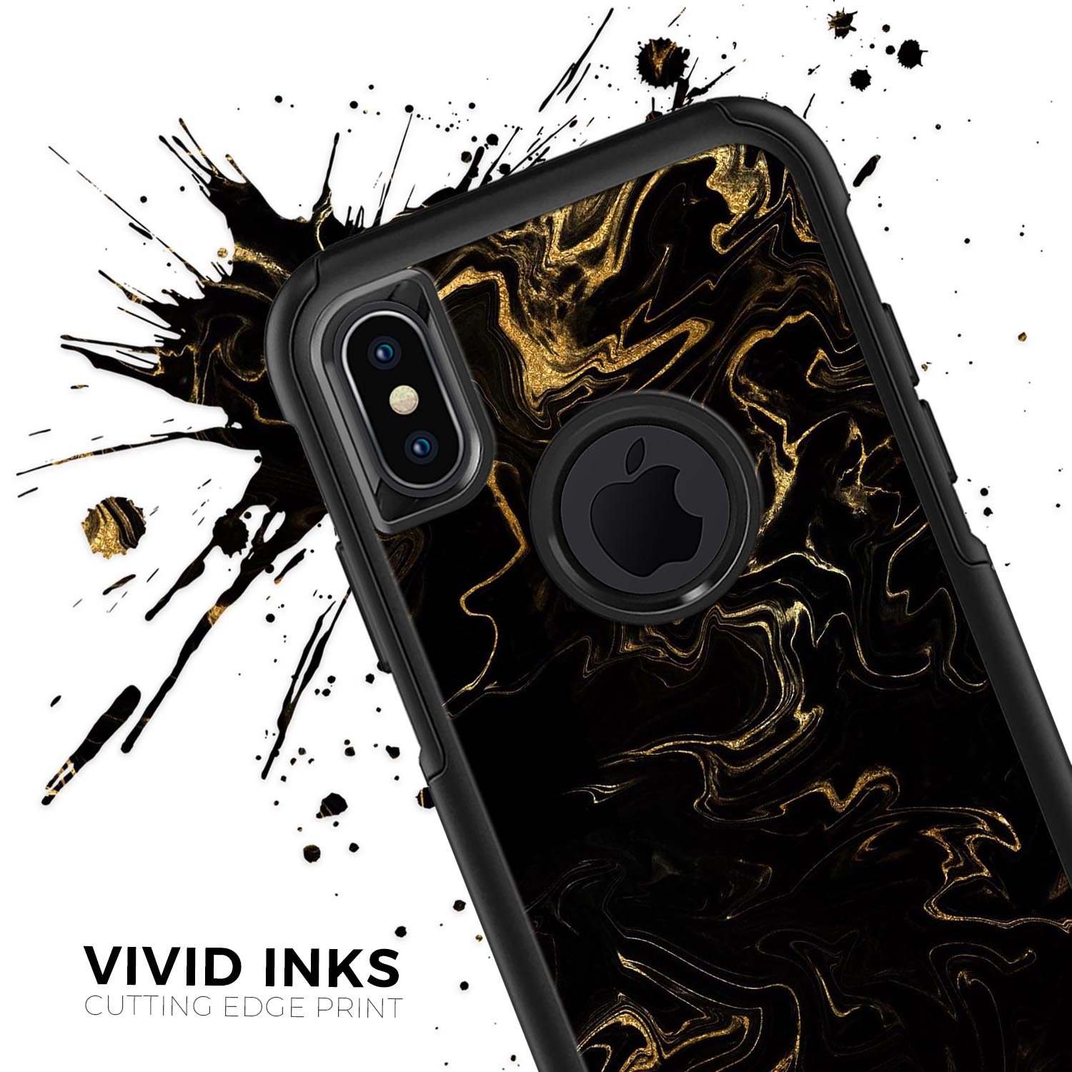 Black and gold marble swirl skin kit for iPhone OtterBox cases, showcasing a stylish design with a glossy finish.