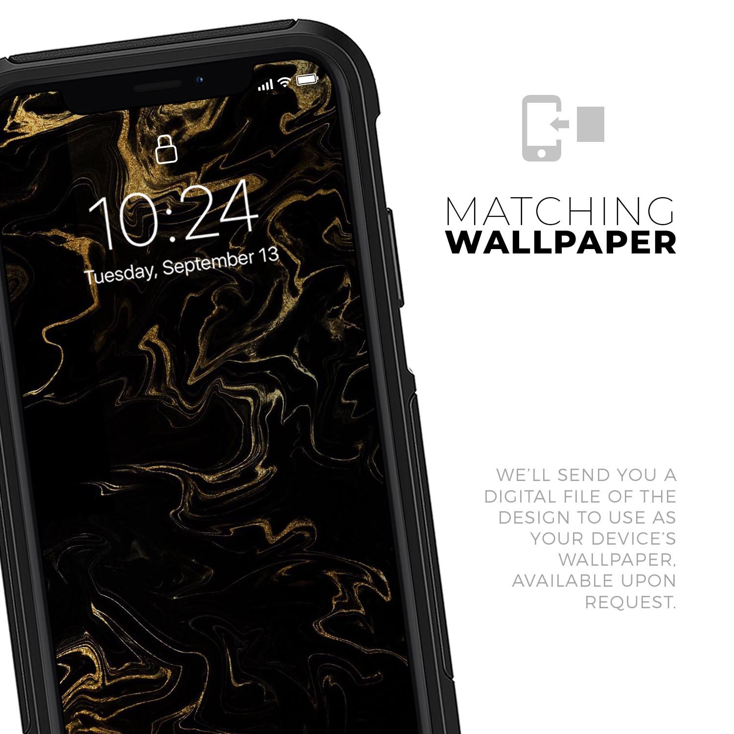 Black and gold marble swirl skin kit for iPhone OtterBox cases, showcasing a stylish design with a glossy finish.