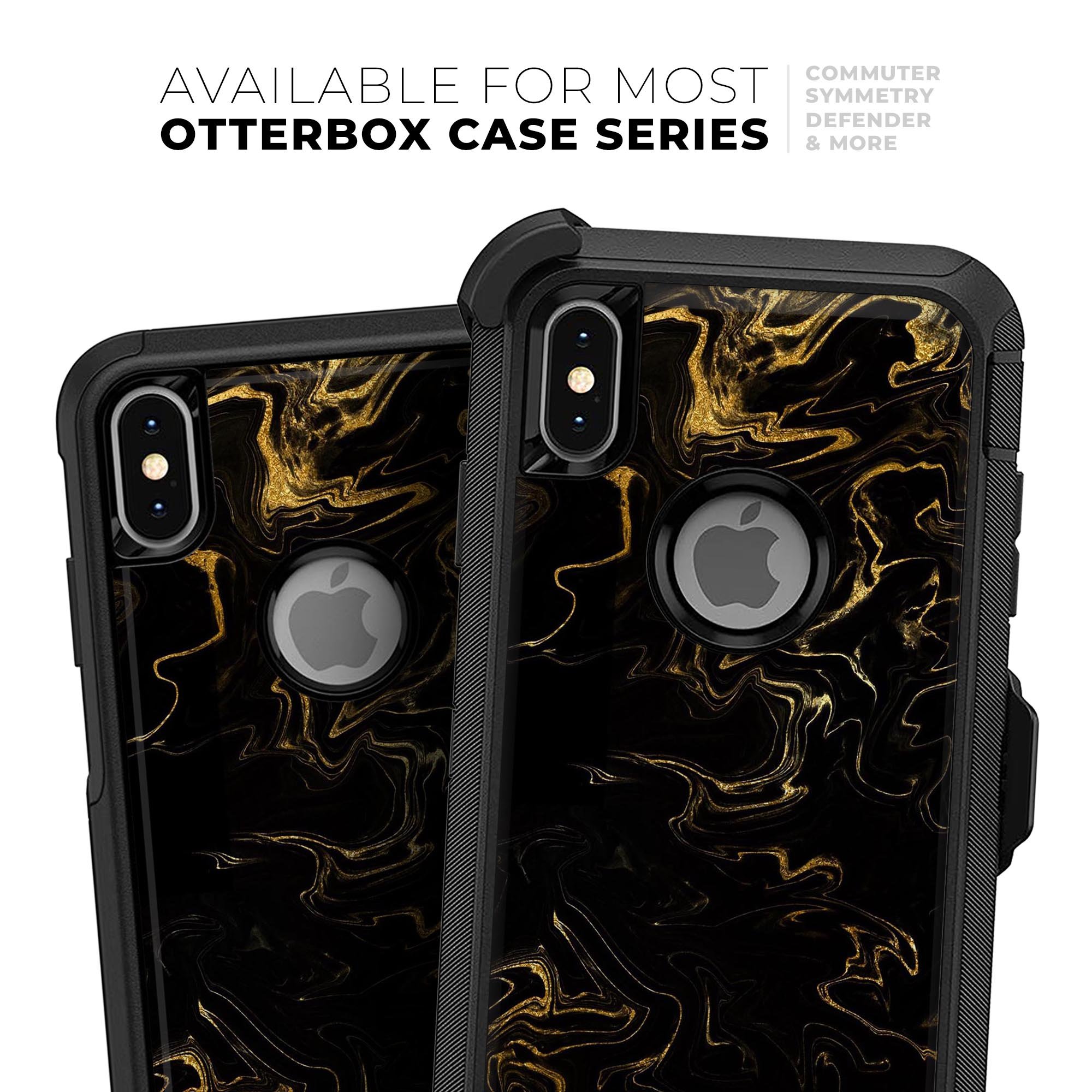 Black and gold marble swirl skin kit for iPhone OtterBox cases, showcasing a stylish design with a glossy finish.