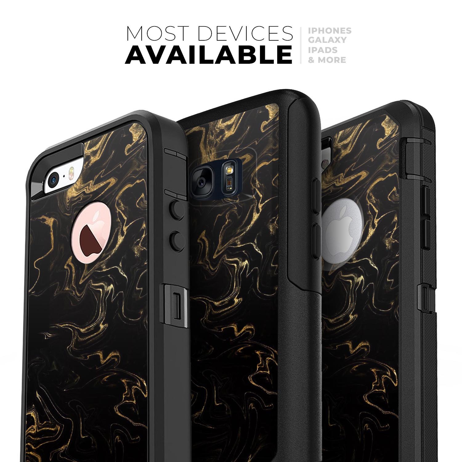 Black and gold marble swirl skin kit for iPhone OtterBox cases, showcasing a stylish design with a glossy finish.