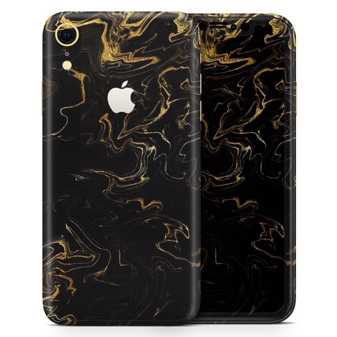 Black & Gold Marble Swirl Skin-Kit for Apple iPhone XR and XS, showcasing a stylish design with a premium vinyl finish.