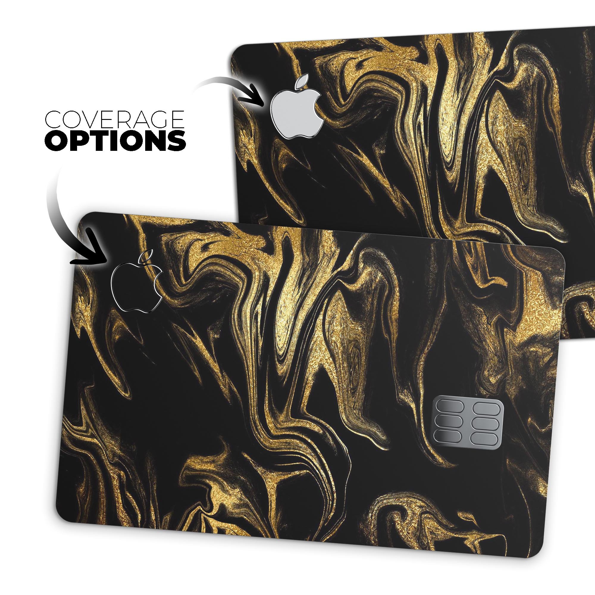 Black & Gold Marble Swirl V7 decal skin for Apple Card, showcasing a stylish marble design with premium protective features.