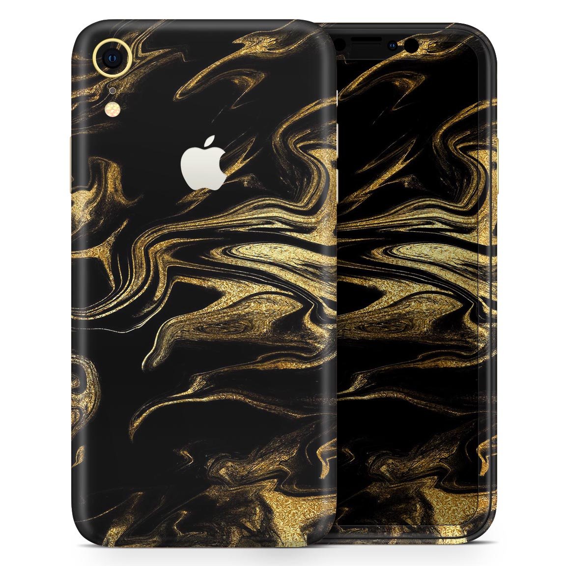 Black & Gold Marble Swirl V7 skin for Apple iPhone XR and XS, showcasing a luxurious marble design.