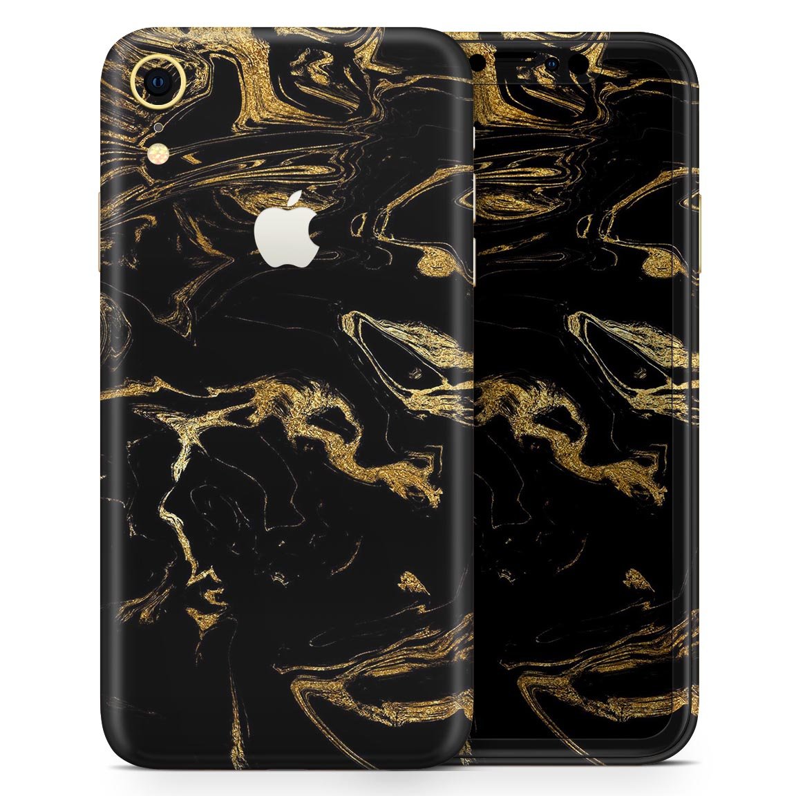 Black & Gold Marble Swirl Skin-Kit for Apple iPhone XR and XS, showcasing a stylish design with a glossy finish.