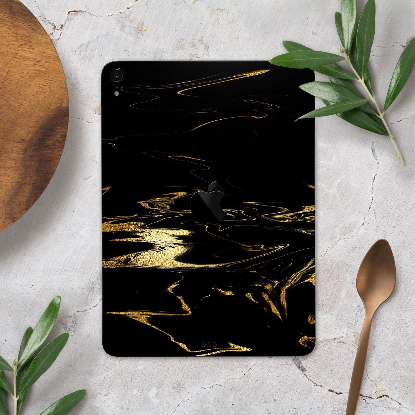 Black & Gold Marble Swirl V9 skin decal for Apple iPad, showcasing a stylish marble design with a glossy finish.