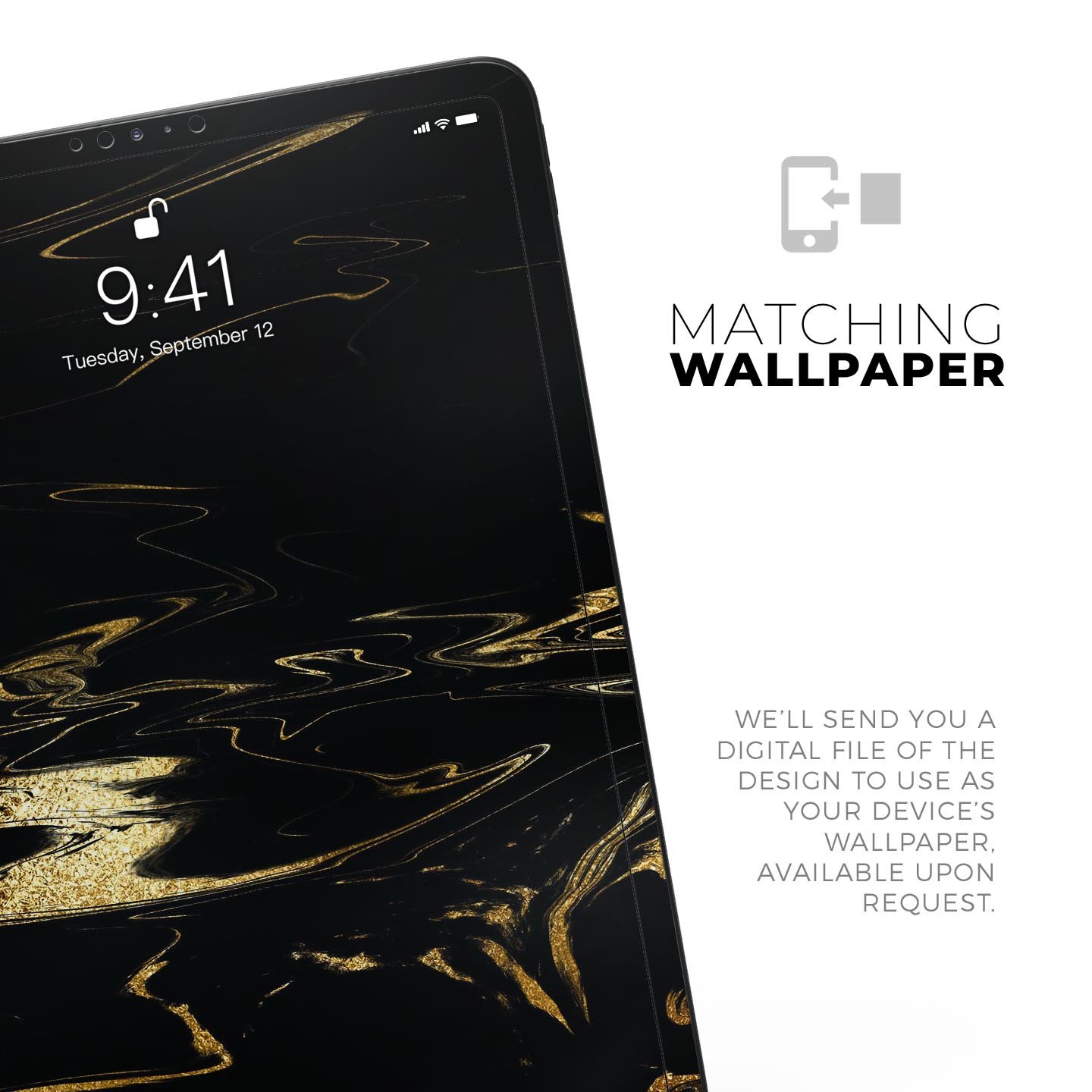 Black & Gold Marble Swirl V9 skin decal for Apple iPad, showcasing a stylish marble design with a glossy finish.