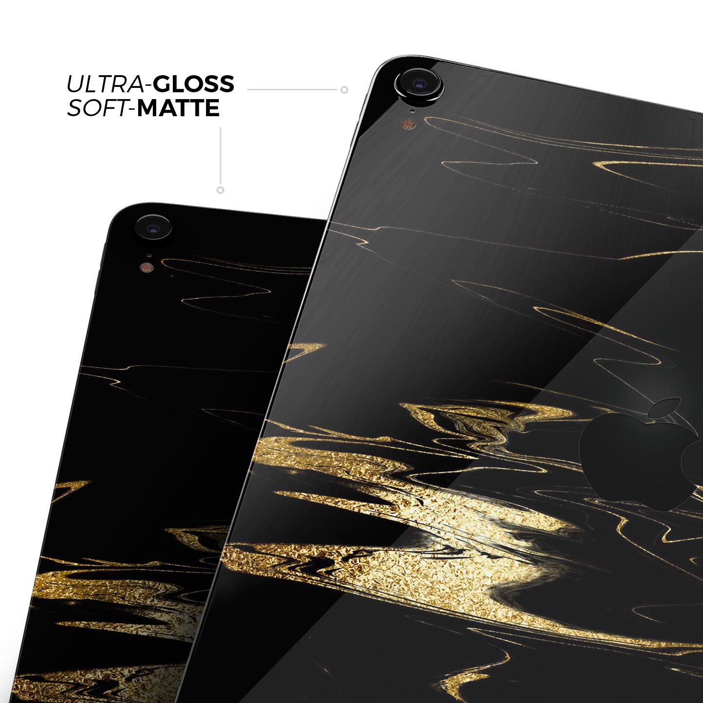 Black & Gold Marble Swirl V9 skin decal for Apple iPad, showcasing a stylish marble design with a glossy finish.