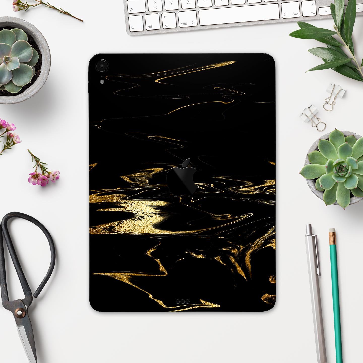 Black & Gold Marble Swirl V9 skin decal for Apple iPad, showcasing a stylish marble design with a glossy finish.