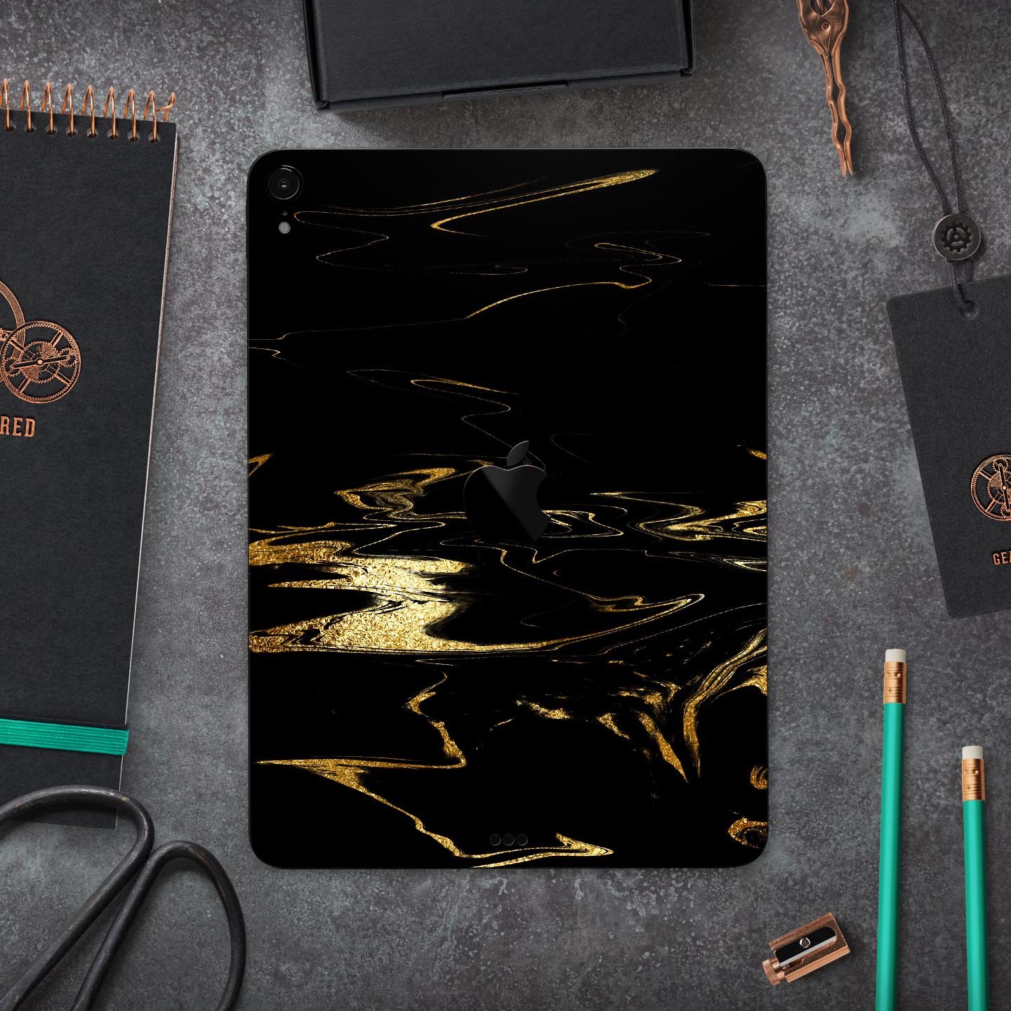 Black & Gold Marble Swirl V9 skin decal for Apple iPad, showcasing a stylish marble design with a glossy finish.