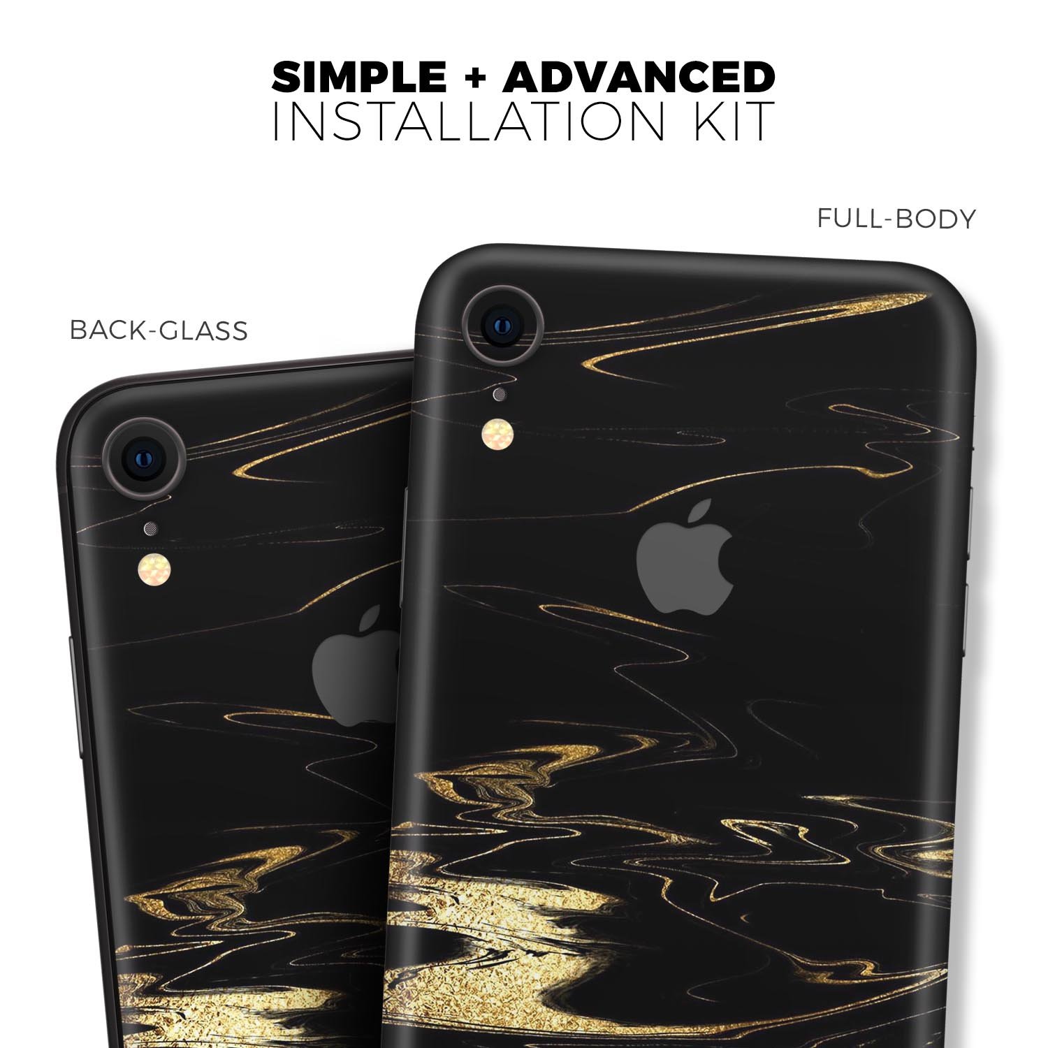 Black & Gold Marble Swirl V9 Skin-Kit for Apple iPhone XR and XS, showcasing a stylish design with a premium vinyl finish.