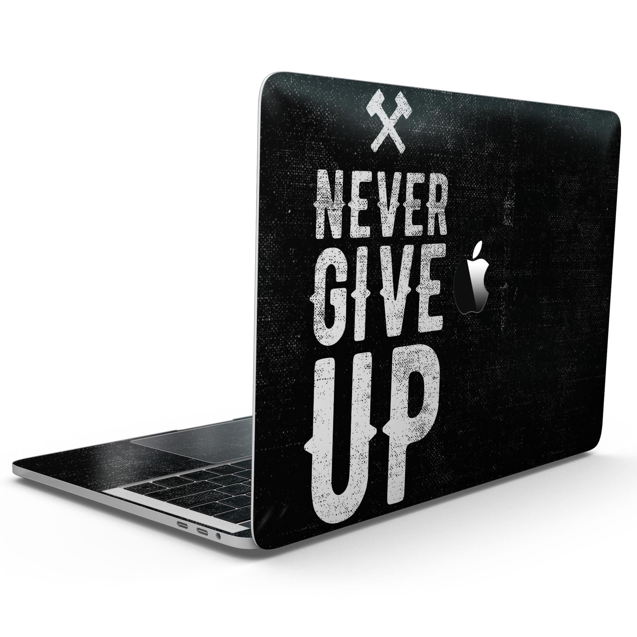 Black Hammered Never Give Up skin kit for MacBook Pro with Touch Bar, showcasing a stylish design and premium vinyl material.