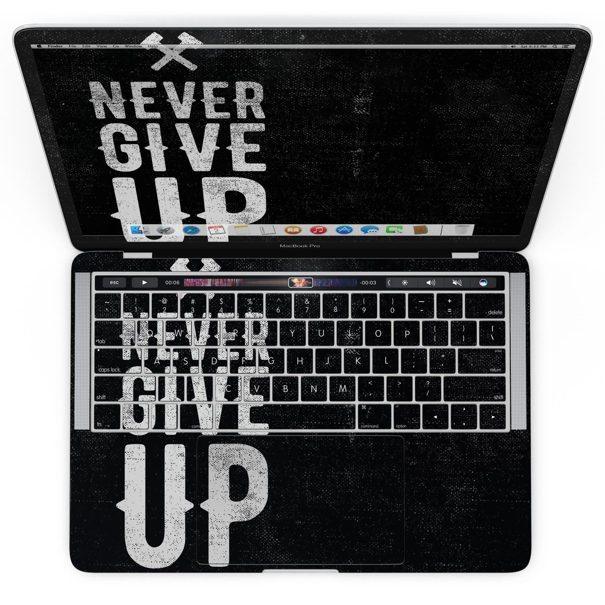 Black Hammered Never Give Up skin kit for MacBook Pro with Touch Bar, showcasing a stylish design and premium vinyl material.