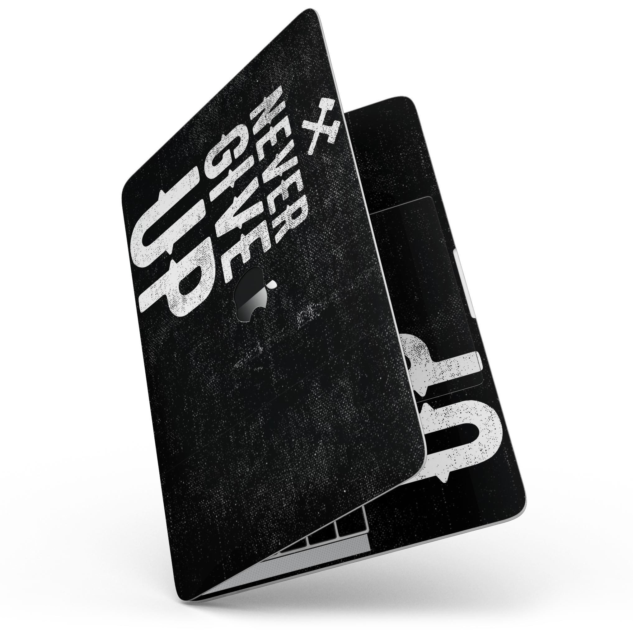 Black Hammered Never Give Up skin kit for MacBook Pro with Touch Bar, showcasing a stylish design and premium vinyl material.