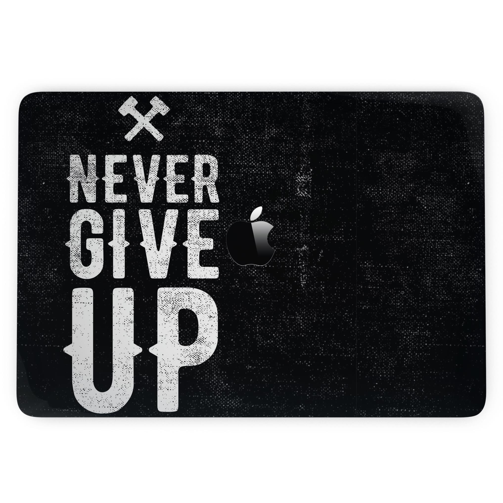 Black Hammered Never Give Up skin kit for MacBook Pro with Touch Bar, showcasing a stylish design and premium vinyl material.