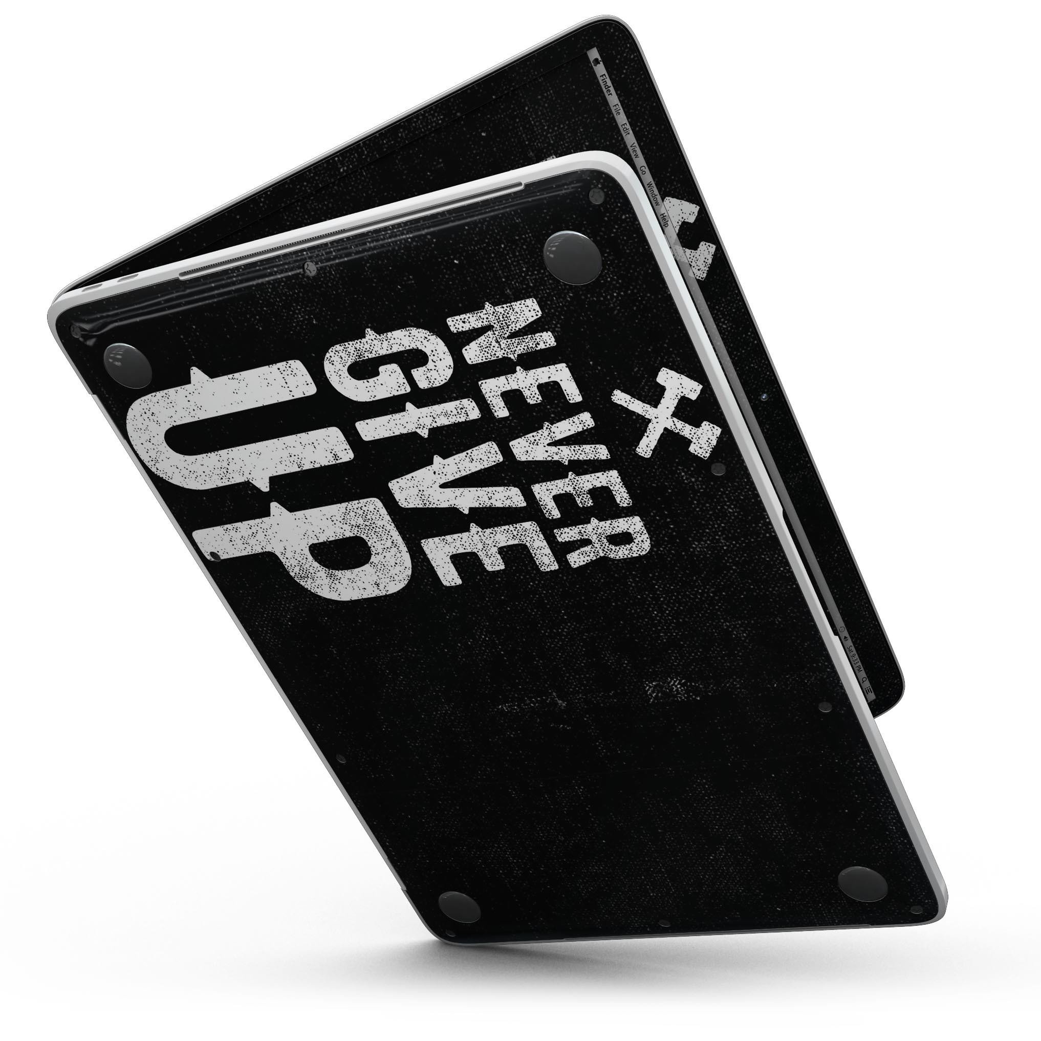 Black Hammered Never Give Up skin kit for MacBook Pro with Touch Bar, showcasing a stylish design and premium vinyl material.