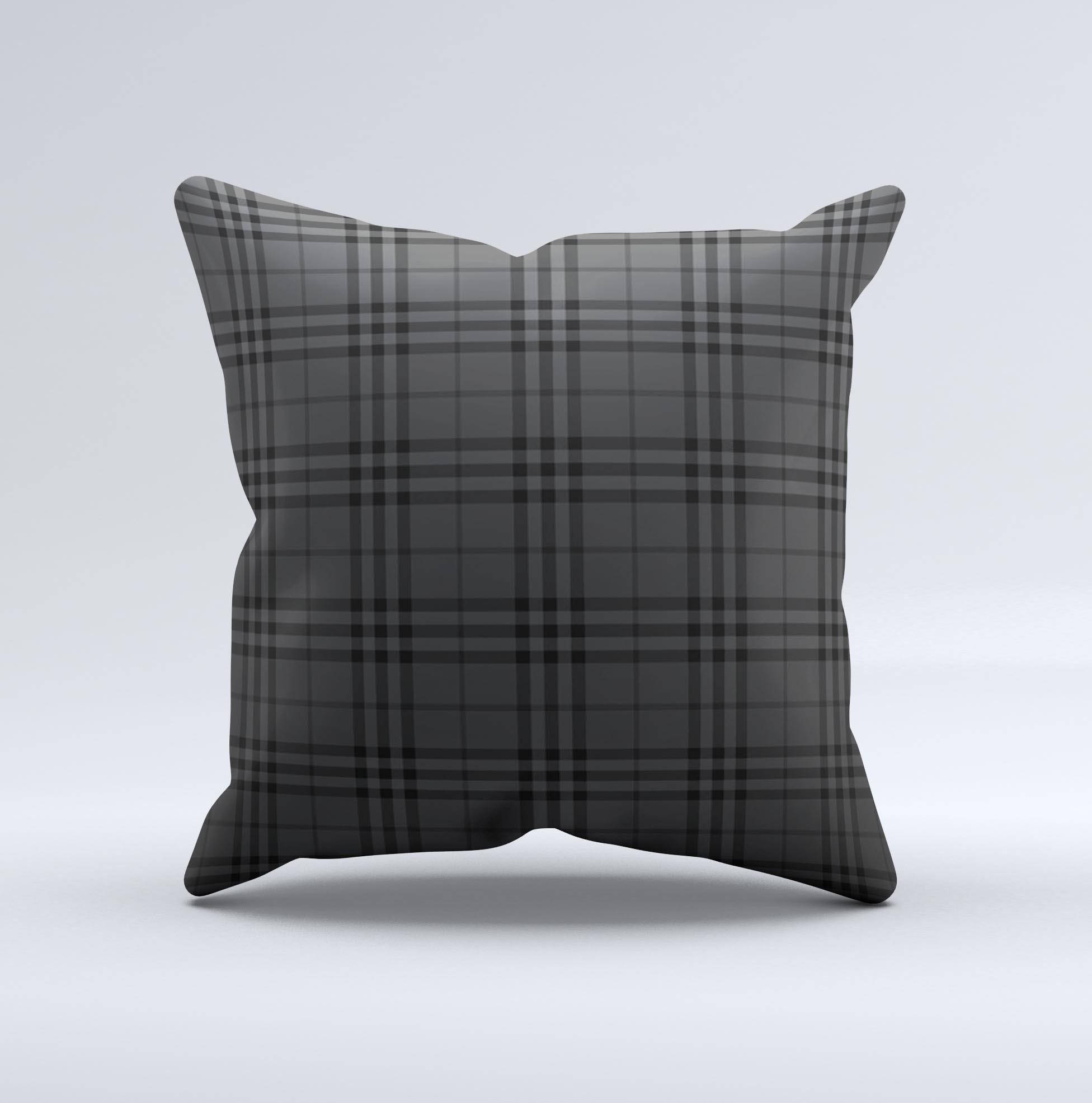 Black Luxury Plaid Ink-Fuzed Decorative Throw Pillow showcasing a unique plaid design, handcrafted in Virginia with high-quality materials.