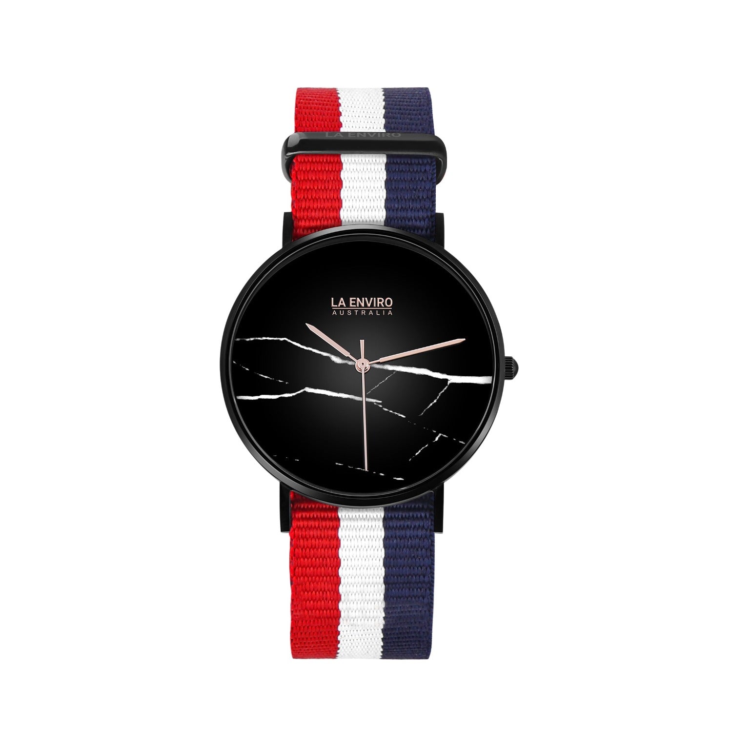 Black Marble Watch featuring a 40 MM dial and a vibrant red, blue, and white vegan NATO strap, showcasing elegance and style.