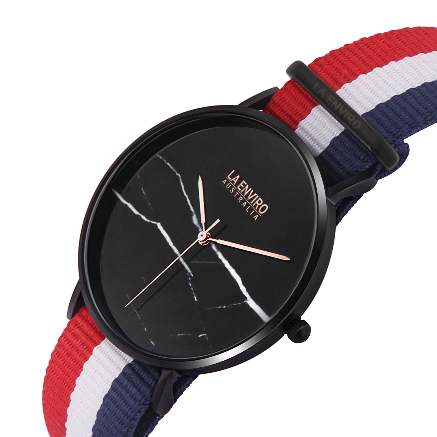 Black Marble Watch featuring a 40 MM dial and a vibrant red, blue, and white vegan NATO strap, showcasing elegance and style.
