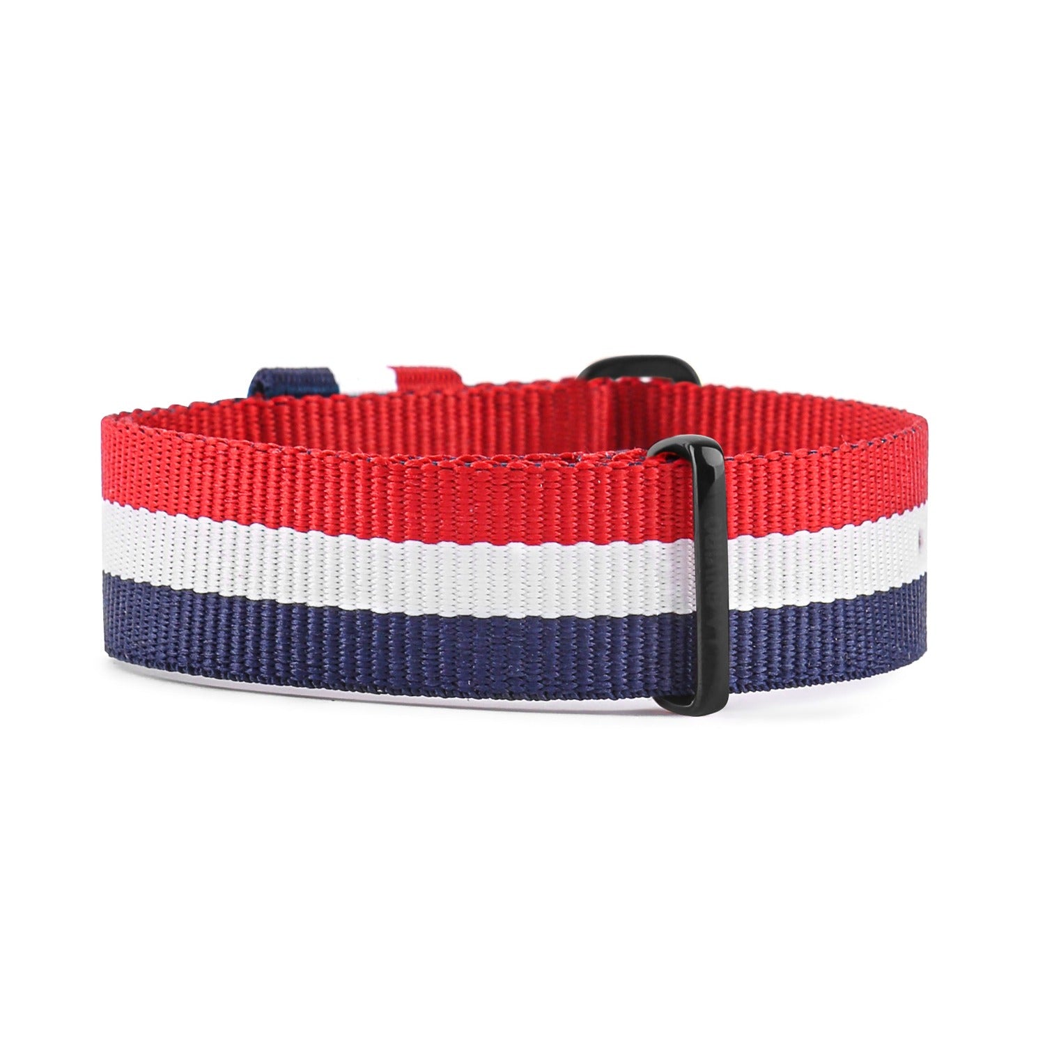 Black Marble Watch featuring a 40 MM dial and a vibrant red, blue, and white vegan NATO strap, showcasing elegance and style.